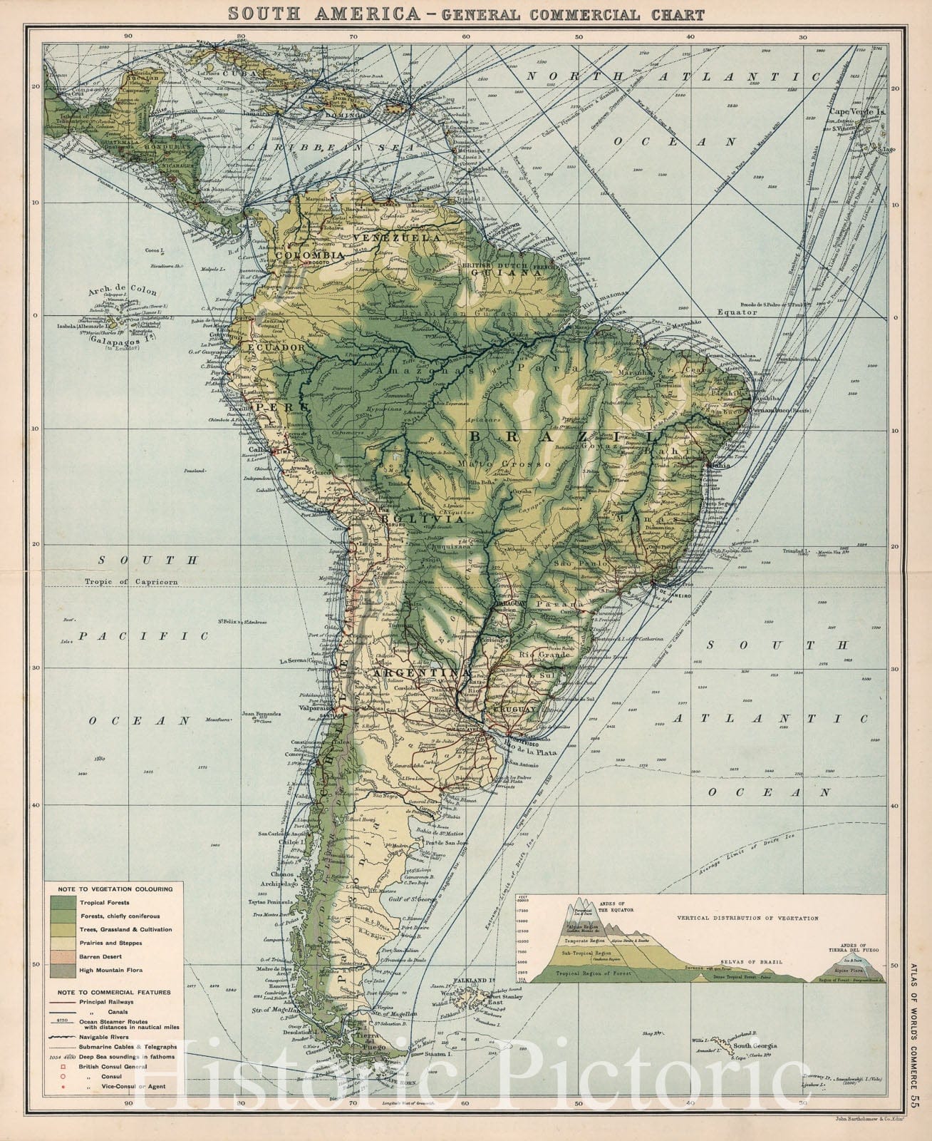 Historic Map : South America - Central Commercial Chart. (Base Map includes Vegetation)., 1907, Vintage Wall Art