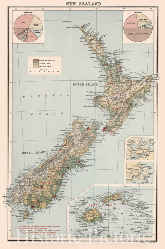 New Zealand, 1907 - Historical Map Print from Atlas of the World's Commerce