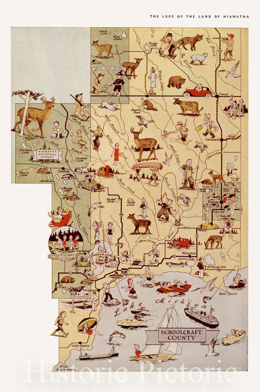 Schoolcraft County - Pictorial Map, 1936 - Historical Map Print
