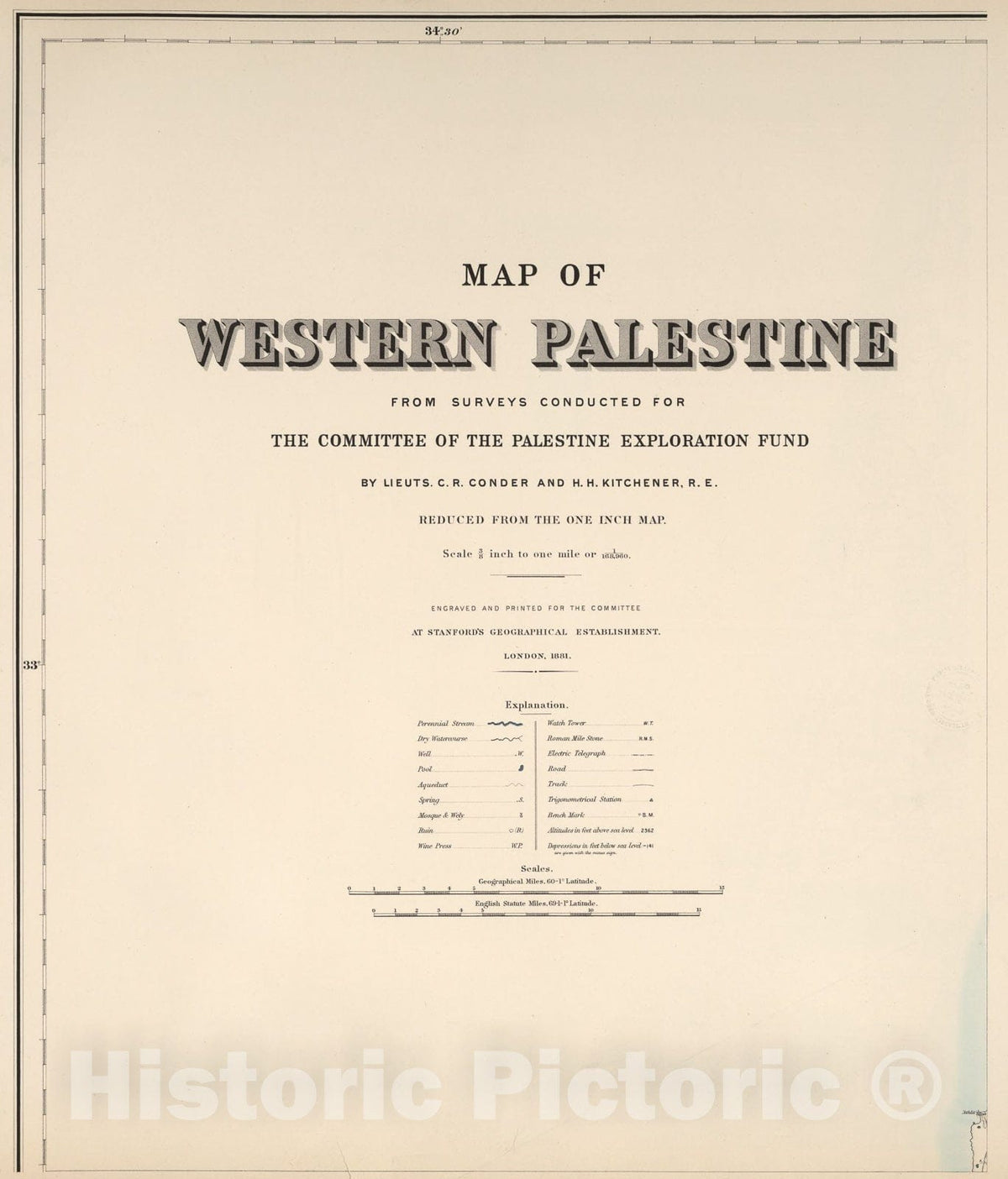 Historic Map : (Sheet 1). Western Palestine ... Reduced from the One-Inch Map. Scale 3/8 inch to one mile or 1:168,960., 1881, Vintage Wall Art