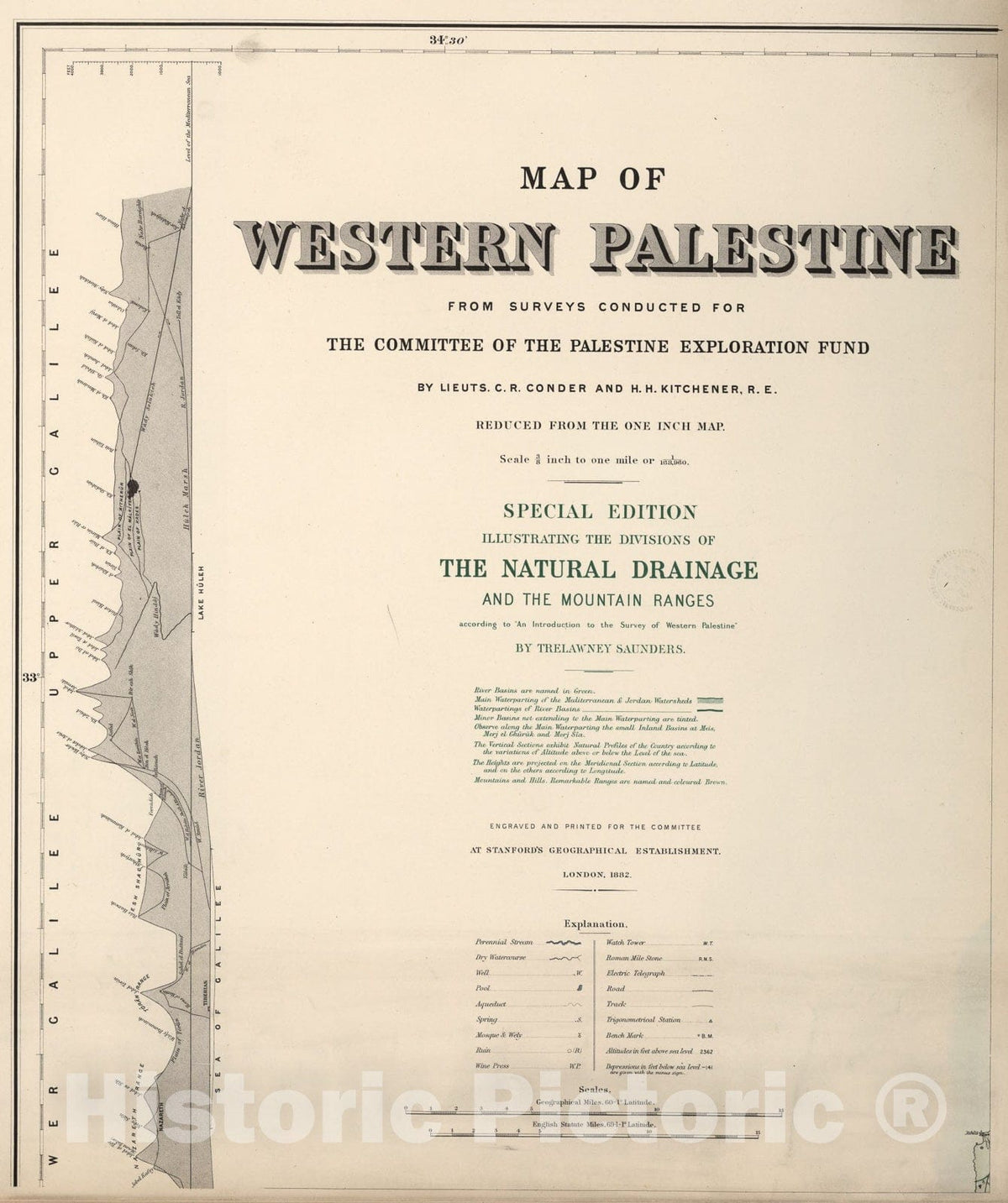 Historic Map : (Sheet 1). Western Palestine Natural Drainage and the Mountain Ranges., 1882, Vintage Wall Art