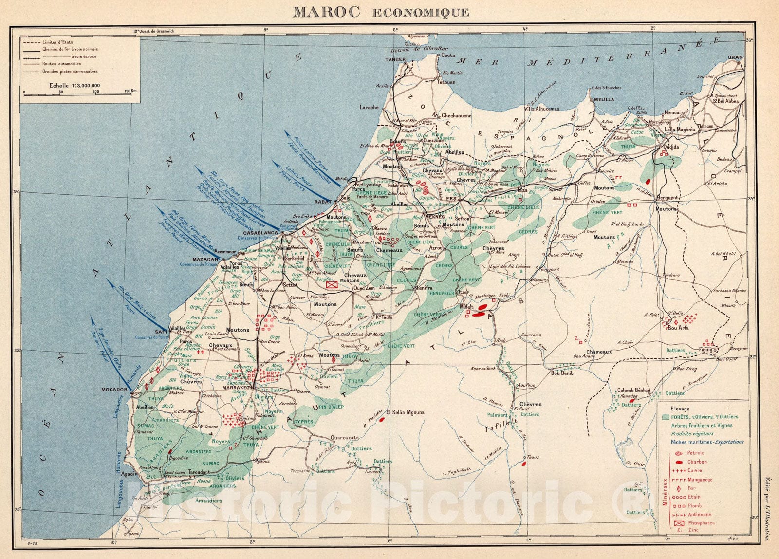 Historic Map : Planche ten bis. Maroc, Economique., 1939, Vintage Wall Art