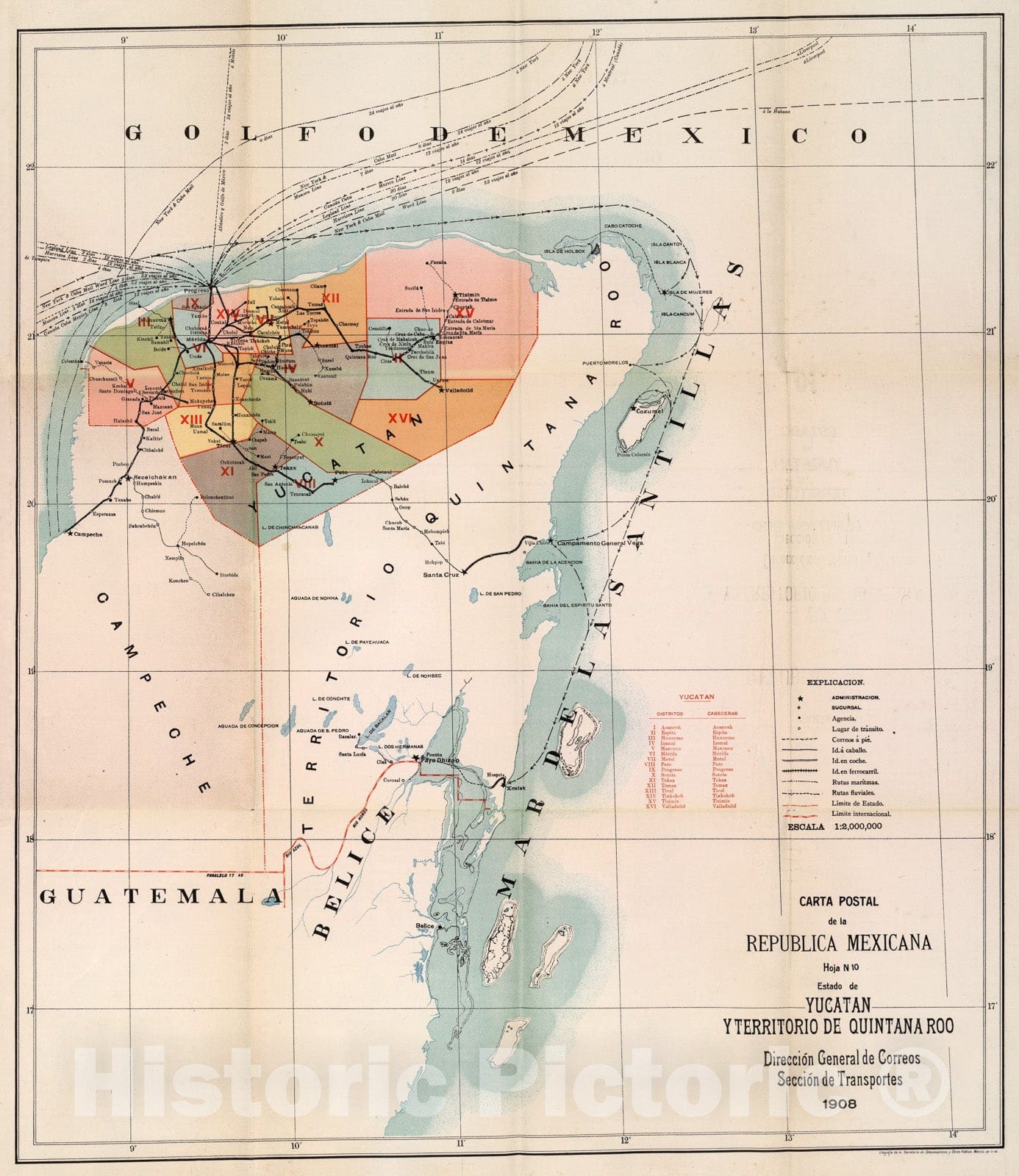 Historic Map : Carta Postal de la Republica Mexicana. Estados de Yucatan, y Territorio de Quintana Roo, 1908, Vintage Wall Art