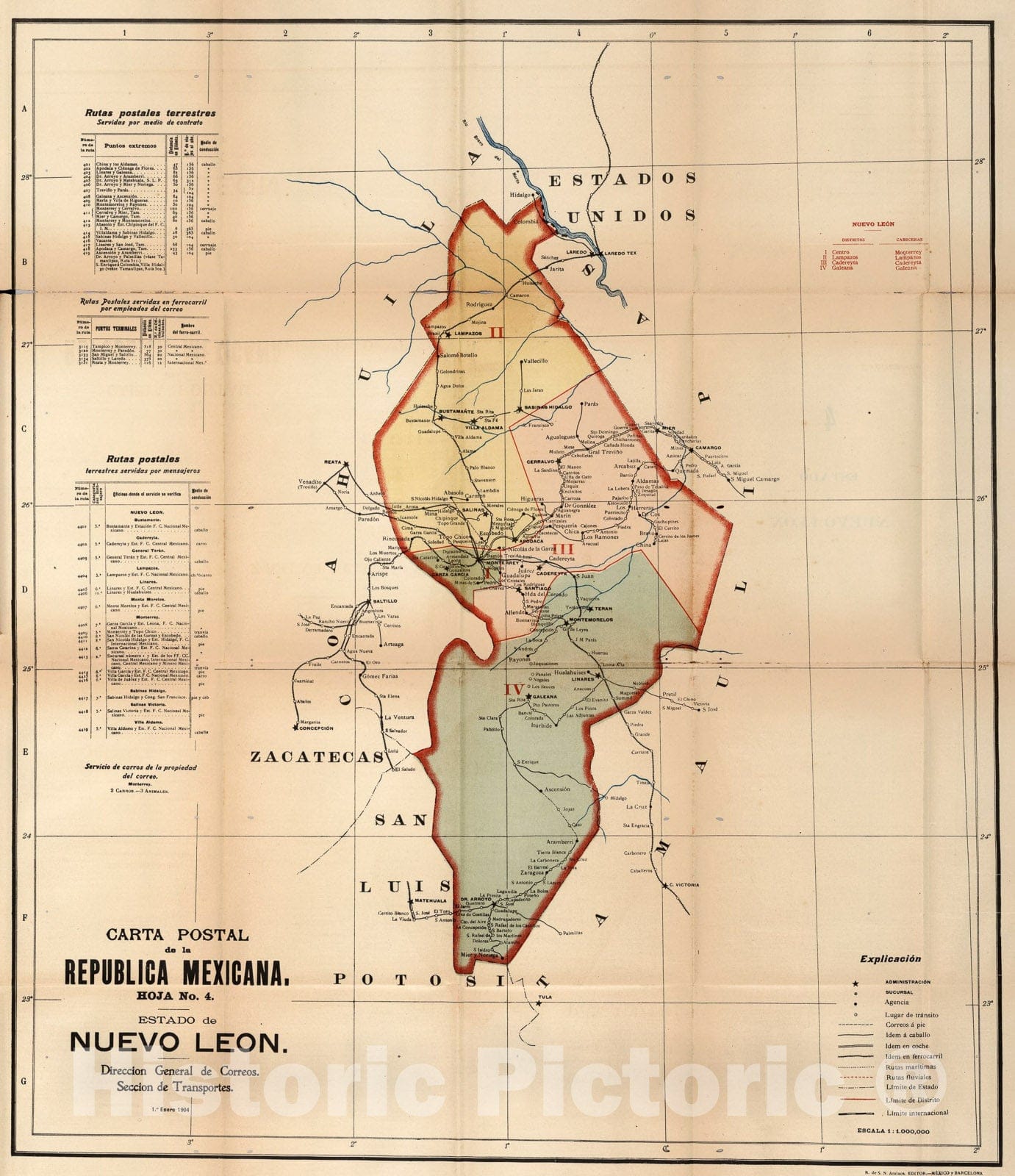 Historic Map : Carta Postal de la Republica Mexicana. Hoja No. 4. Estado de Nuevo Leon., 1904, Vintage Wall Art
