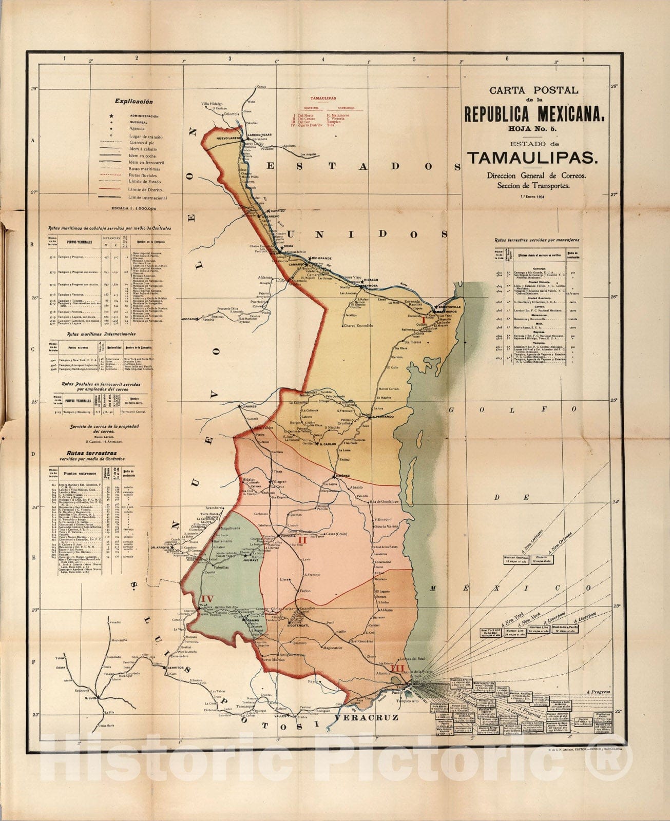 Historic Map : Carta Postal de la Republica Mexicana. Hoja No. 5. Estado de Tamaulipas., 1904, Vintage Wall Art