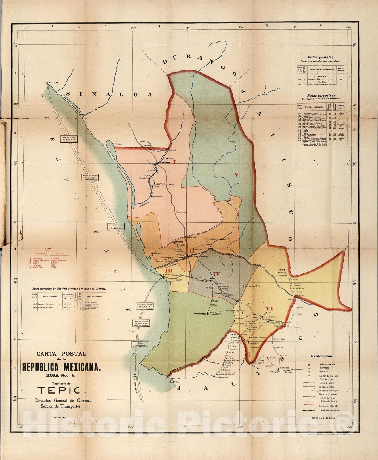 Historic Map : Carta Postal de la Republica Mexicana. Hoja No. 8. Estado de Tepic., 1904, Vintage Wall Art