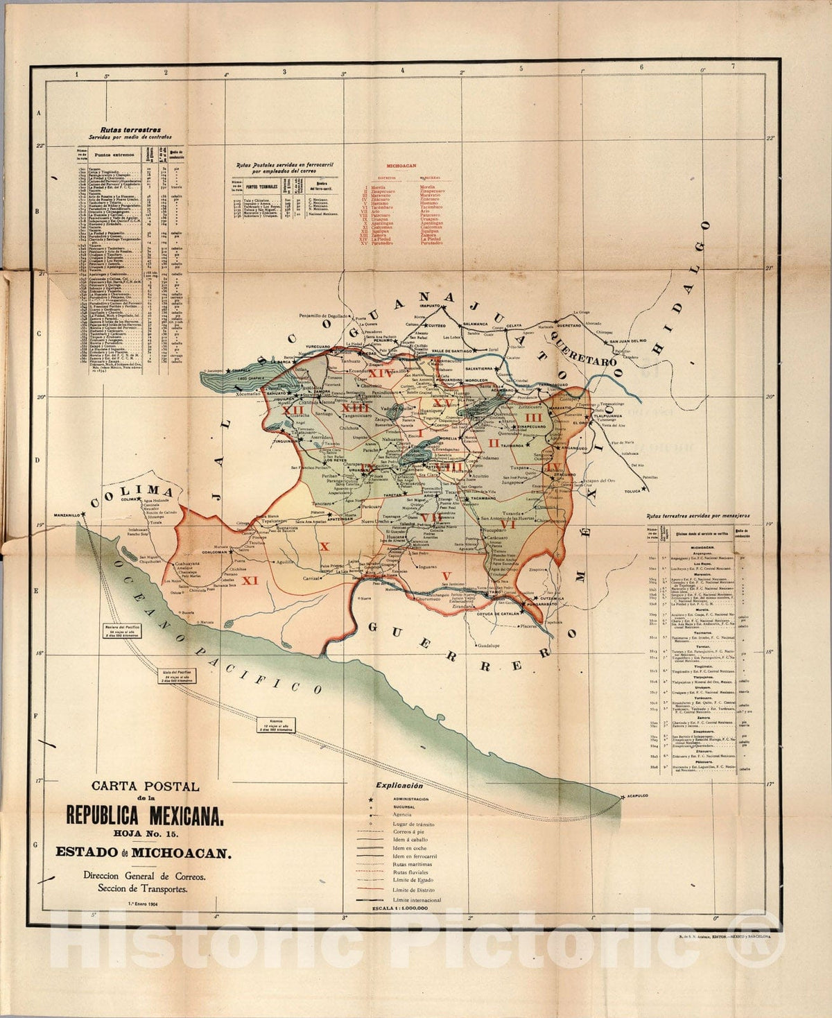 Historic Map : Carta Postal de la Republica Mexicana. Hoja No. 15. Estado de Michoacan., 1904, Vintage Wall Art