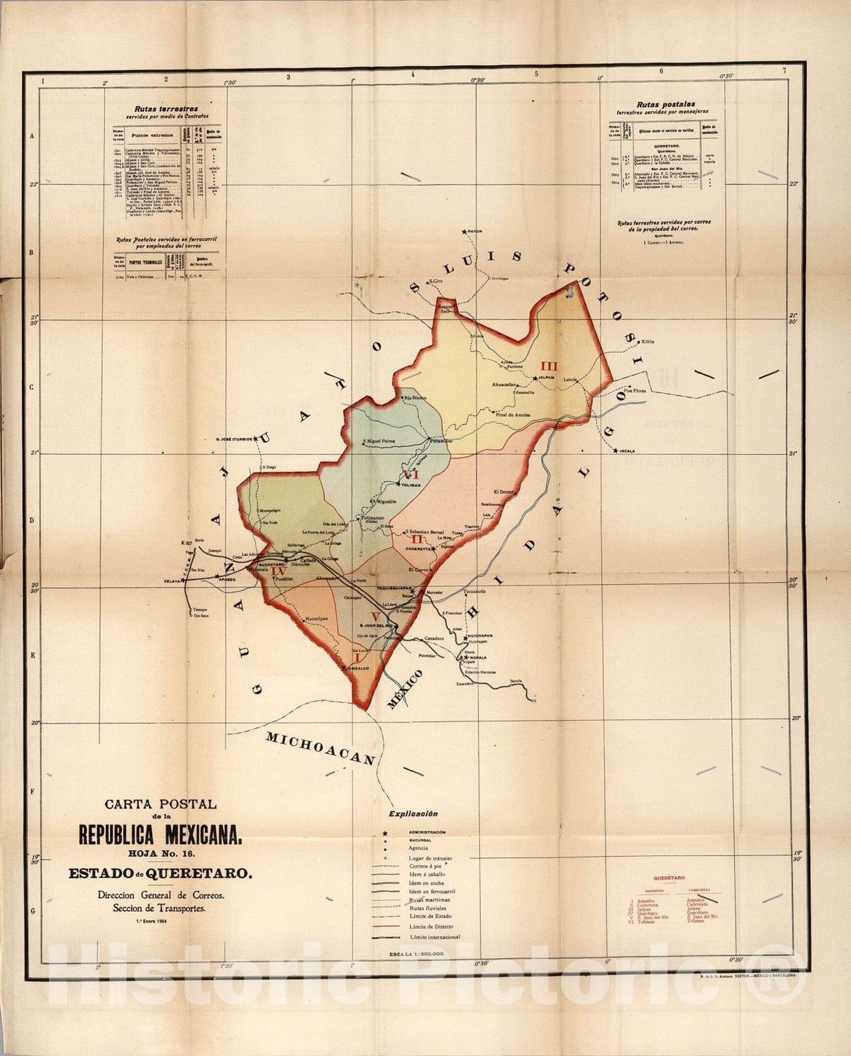 Historic Map : Carta Postal de la Republica Mexicana. Hoja No. 16. Estado de Queretaro., 1904, Vintage Wall Art