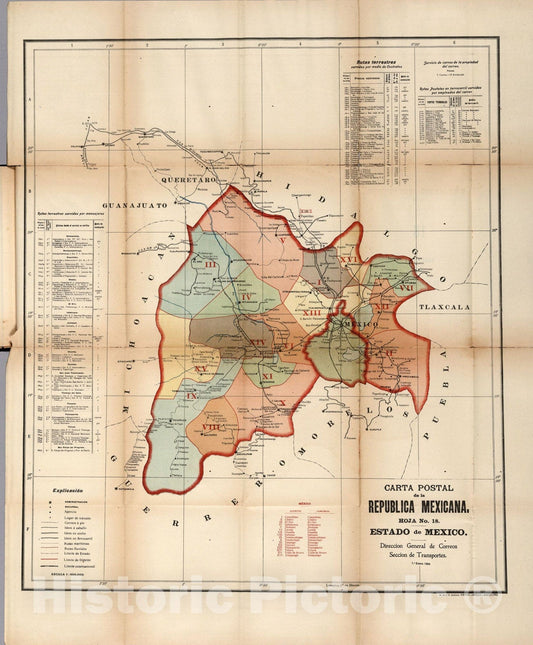 Historic Map : Carta Postal de la Republica Mexicana. Hoja No. 18. Estado de Mexico., 1904, Vintage Wall Art