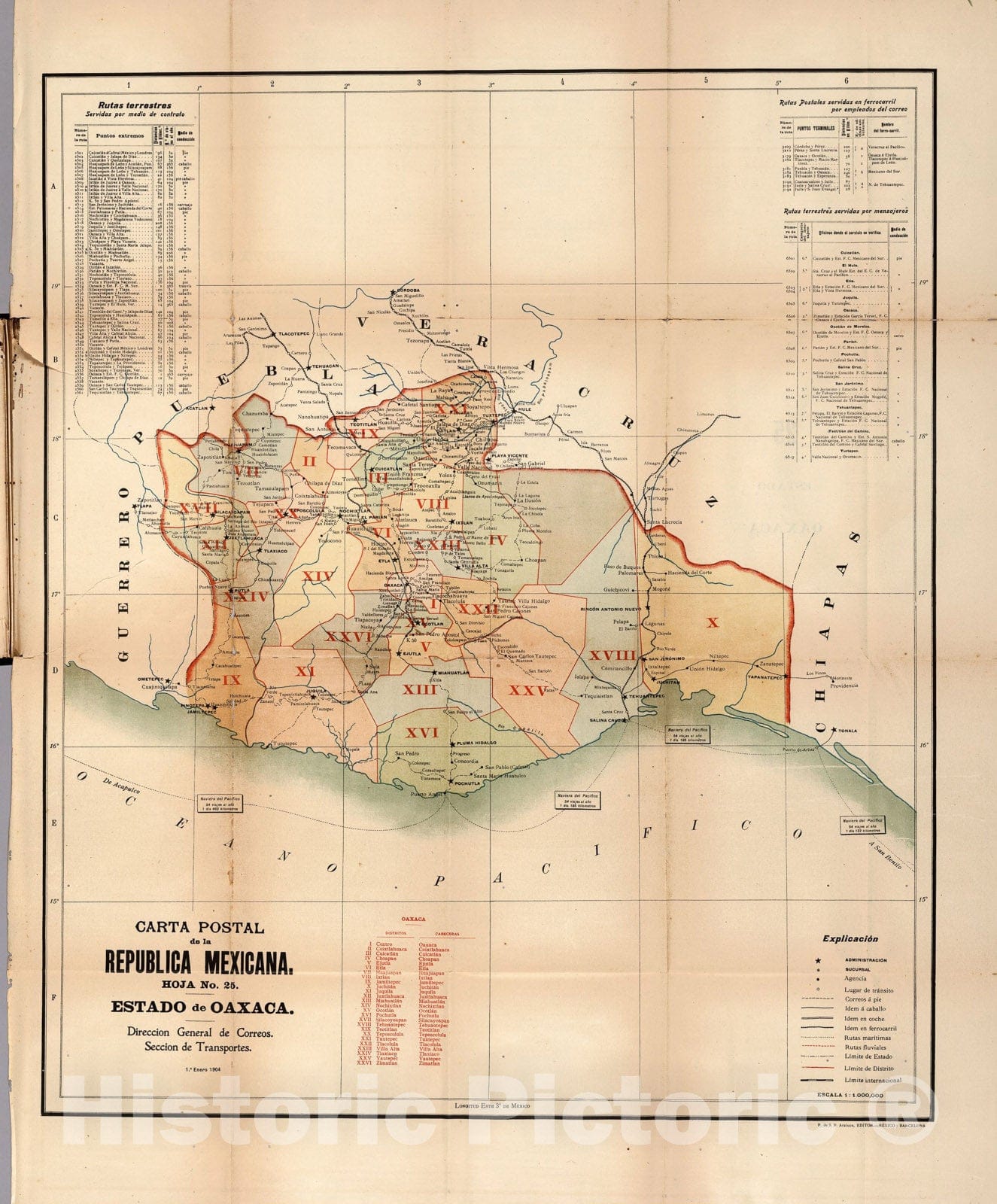 Historic Map : Carta Postal de la Republica Mexicana. Hoja No. 25. Estado de Oaxaca., 1904, Vintage Wall Art
