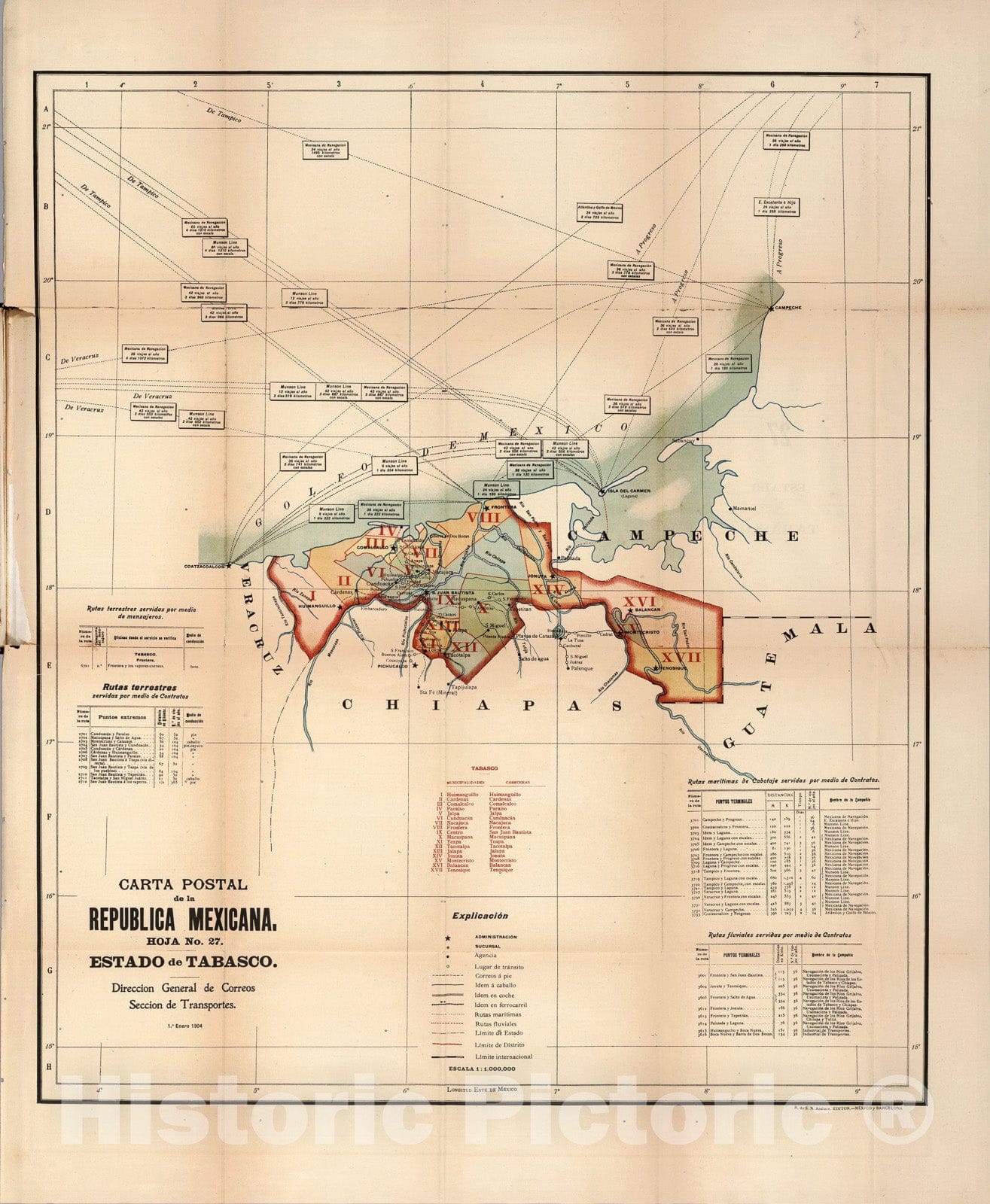 Historic Map : Carta Postal de la Republica Mexicana. Hoja No. 27. Estado de Tabasco., 1904, Vintage Wall Art