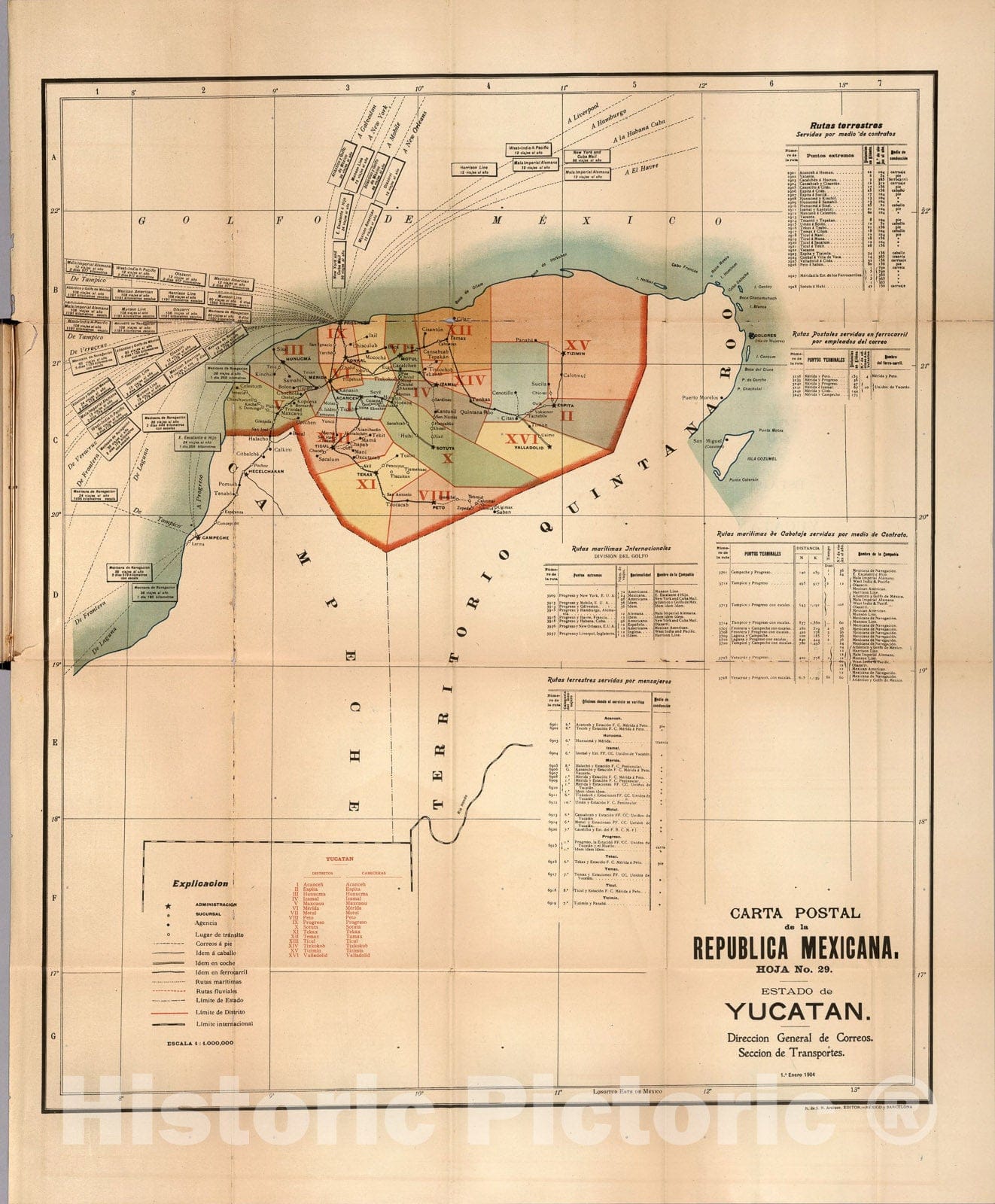 Historic Map : Carta Postal de la Republica Mexicana. Hoja No. 29. Estado de Yucatan., 1904, Vintage Wall Art