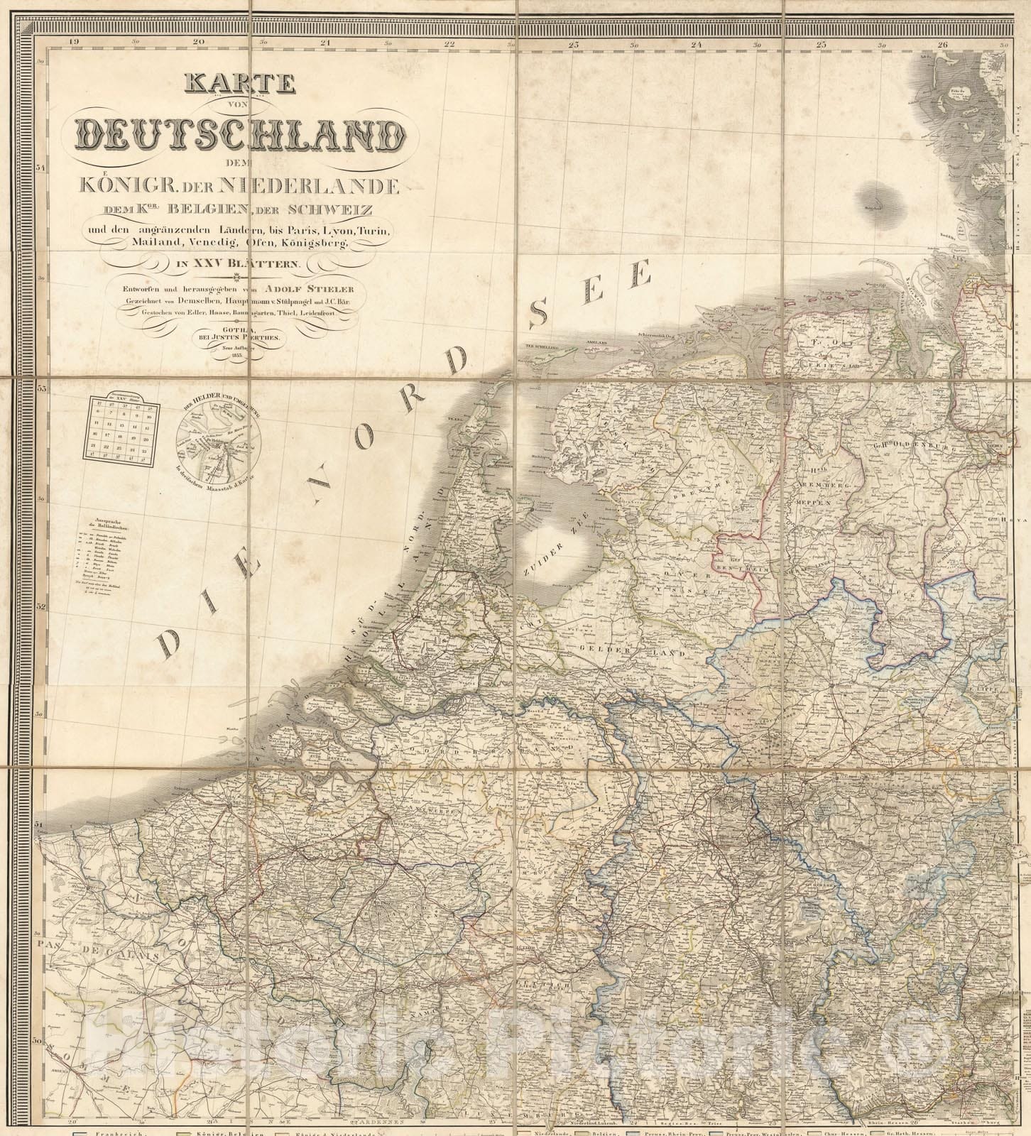 Historic Map : Nord-Ouest. Karte von Deutschland dem Konigr. der Niederlande dem Kgr. Belgien, der Schweiz, 1855, Vintage Wall Art