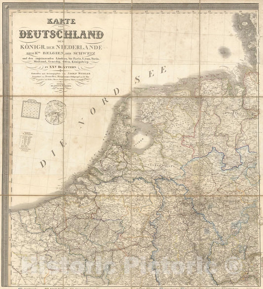 Historic Map : Nord-Ouest. Karte von Deutschland dem Konigr. der Niederlande dem Kgr. Belgien, der Schweiz, 1855, Vintage Wall Art