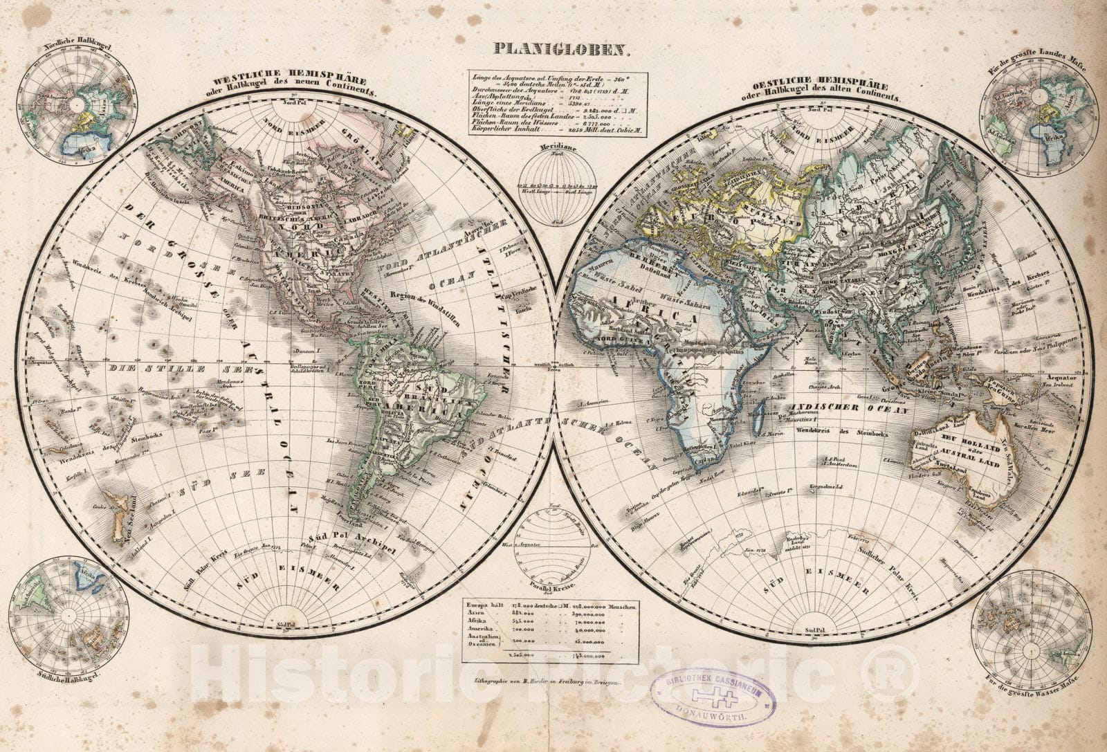 Historic Map : Earth in Hemispheres., 1843, Vintage Wall Art