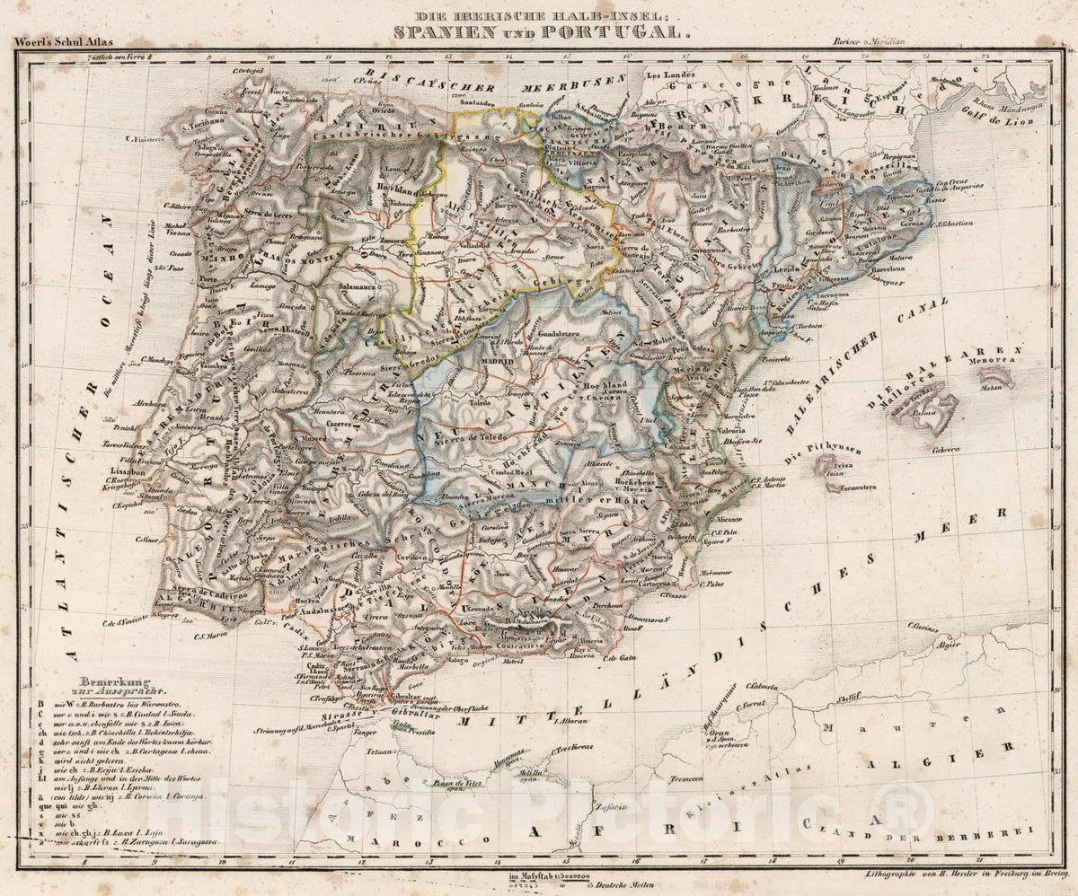 Historic Map : Spain and Portugal., 1843, Vintage Wall Art
