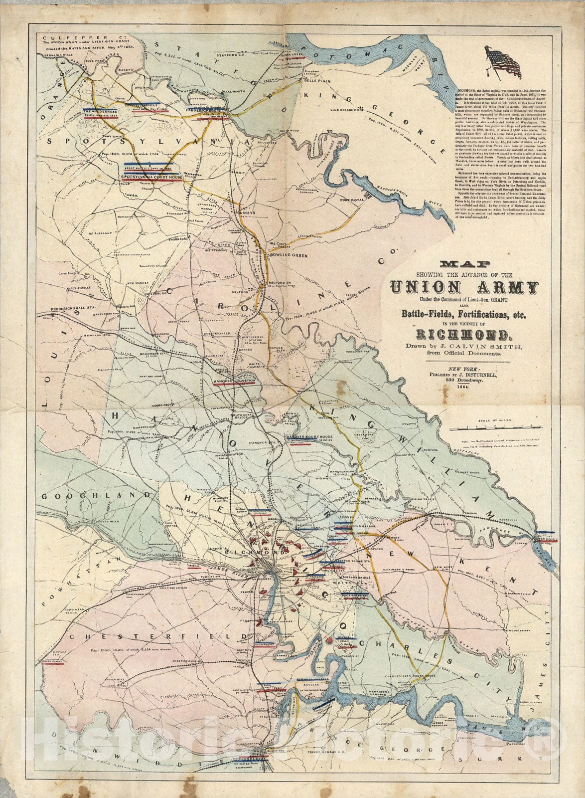 Historic Map : Map showing the advance of the Union army under the command of Lieut.-Gen. Grant, 1864, Vintage Wall Art