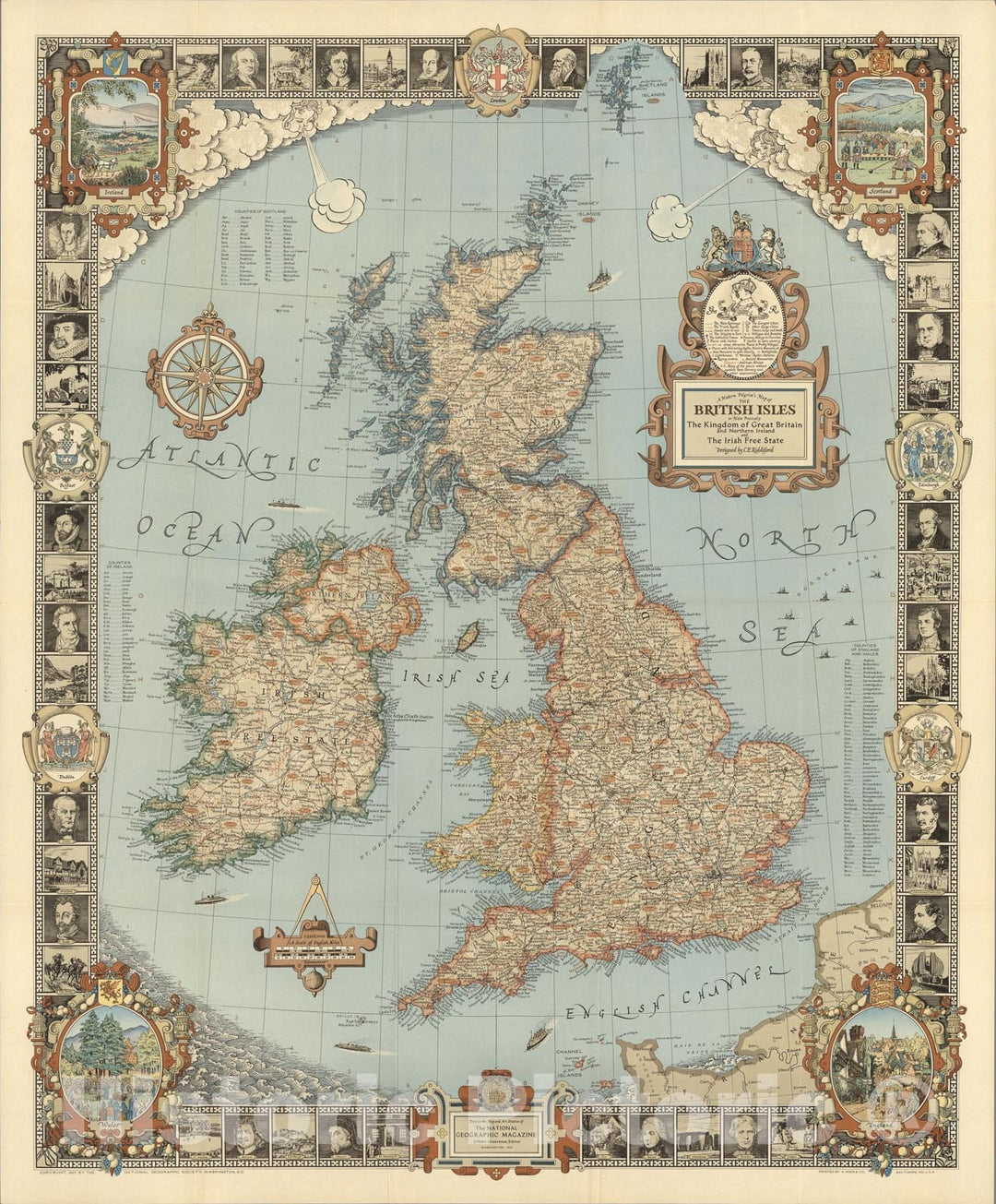 Historic Map : A modern pilgrim's map of the British Isles, 1937, Vintage Wall Art