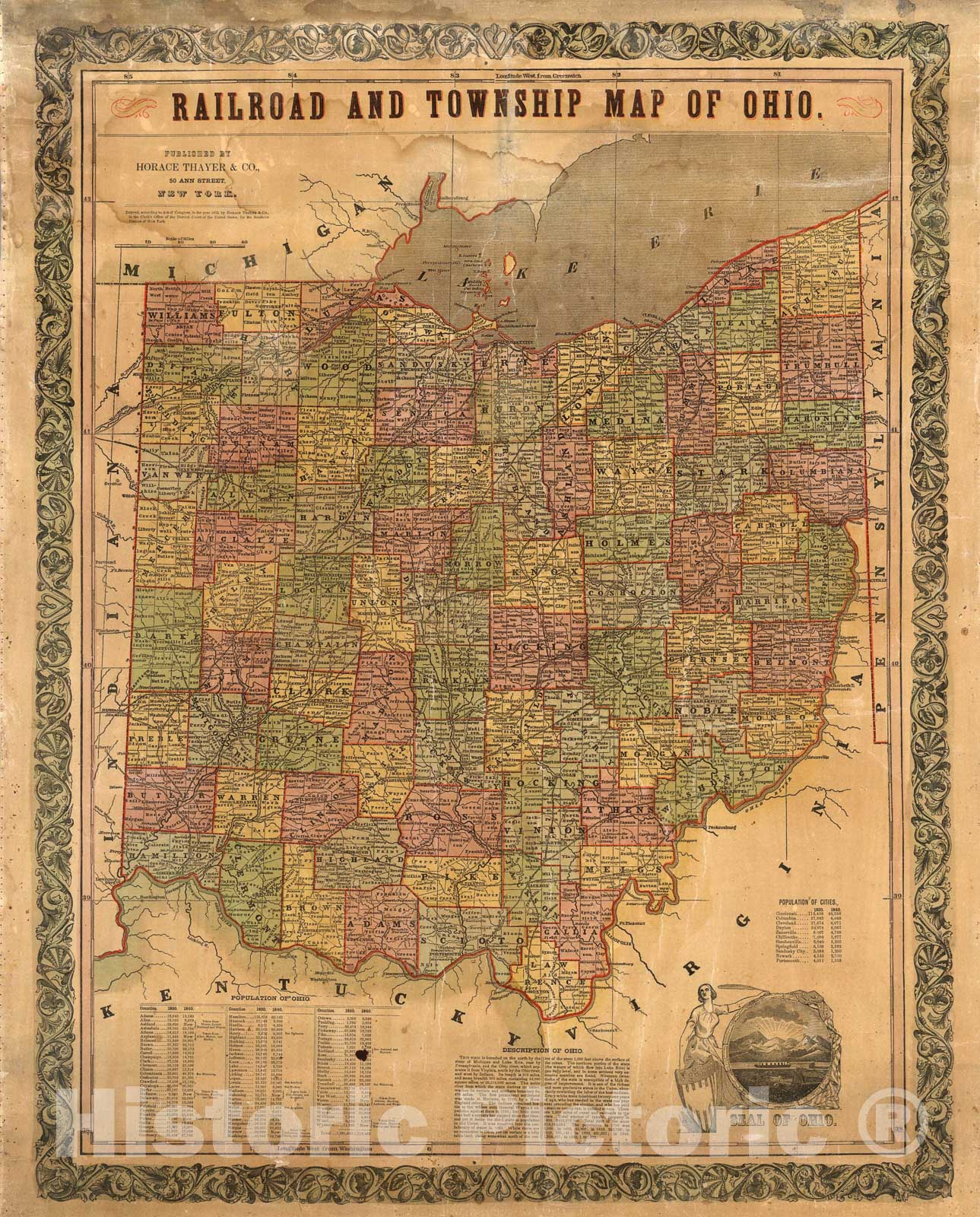 Historic Map : Railroad and township map of Ohio, 1852, Vintage Wall Art