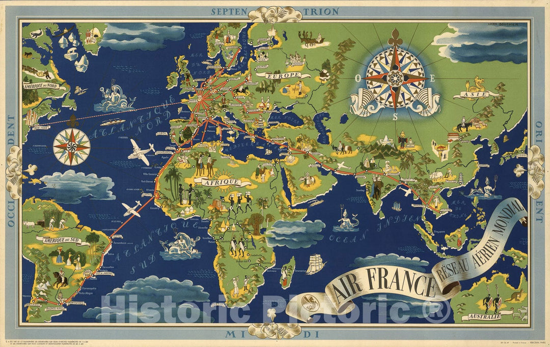 Historic Map : Air France, Reseau Aerien Mondial., 1937, Vintage Wall Art