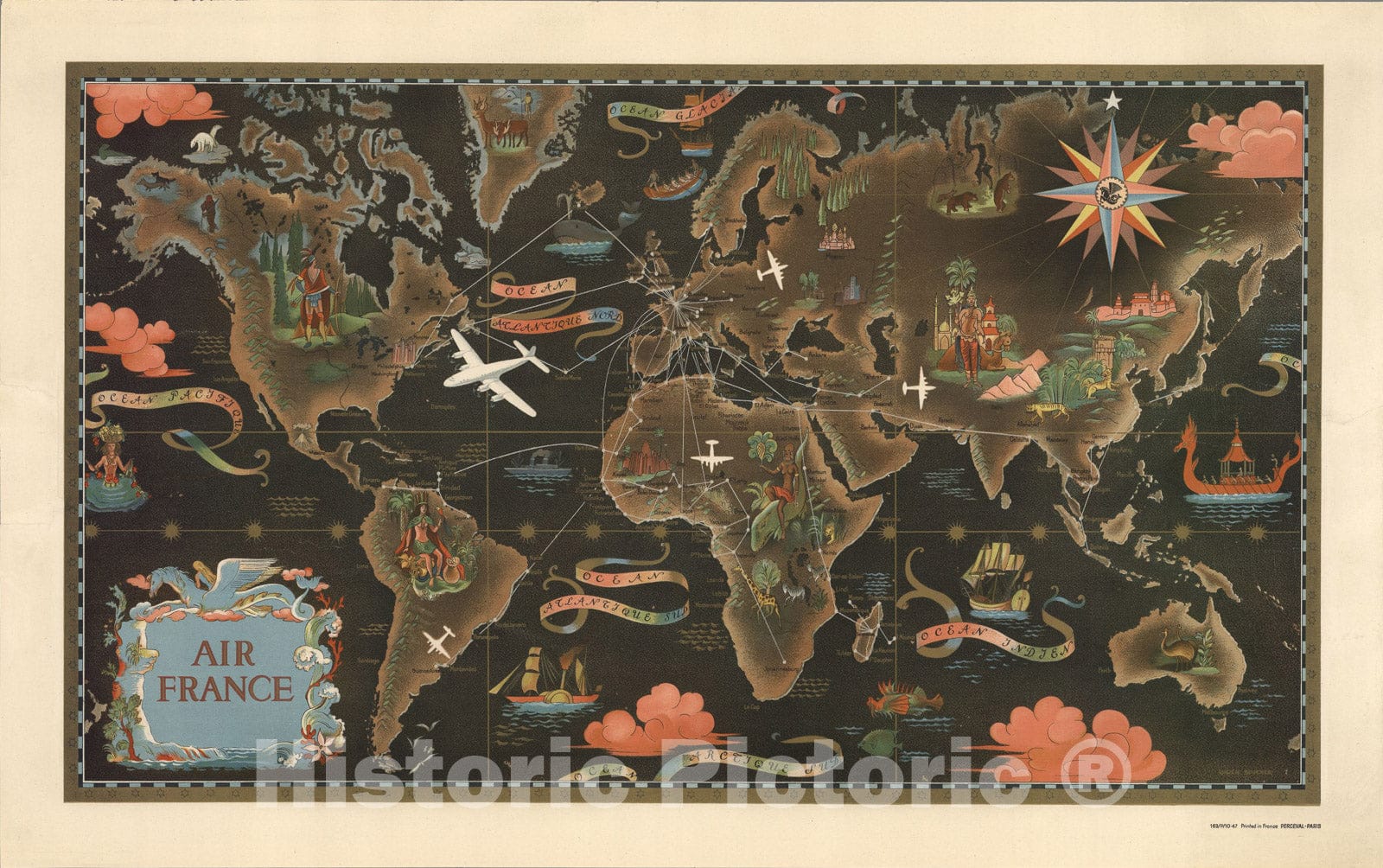 Historic Map : Air France, Reseau Aerien Mondial., 1947, Vintage Wall Art