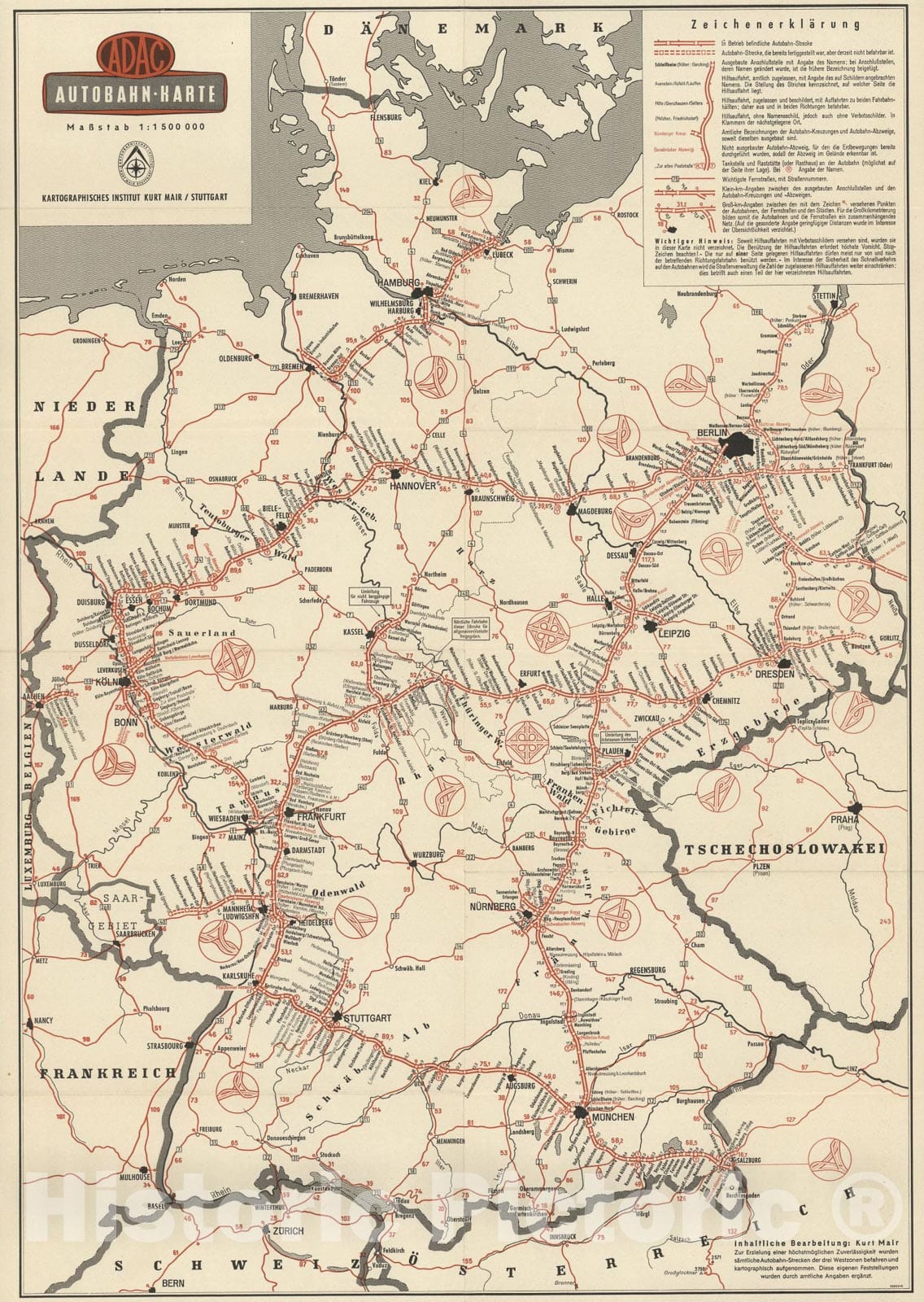 Historic Map : ADAC Autobahn-Karte. Masstab 1:1 500 000, 1950, Vintage Wall Art