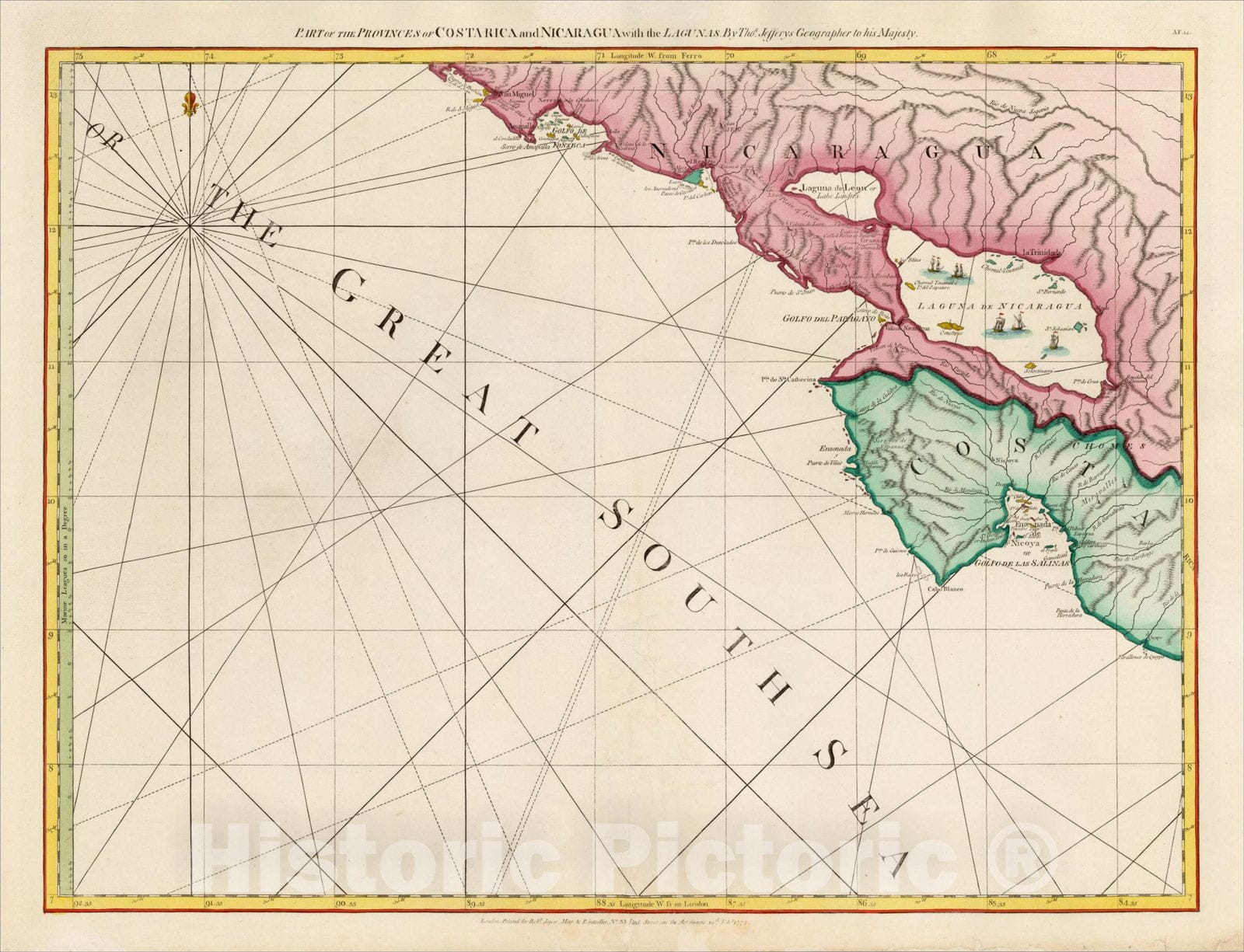 Historic Map : Part of the Provinces of Costa Rica and Nicaragua with the Lagunas, 1775, Thomas Jefferys, Vintage Wall Art