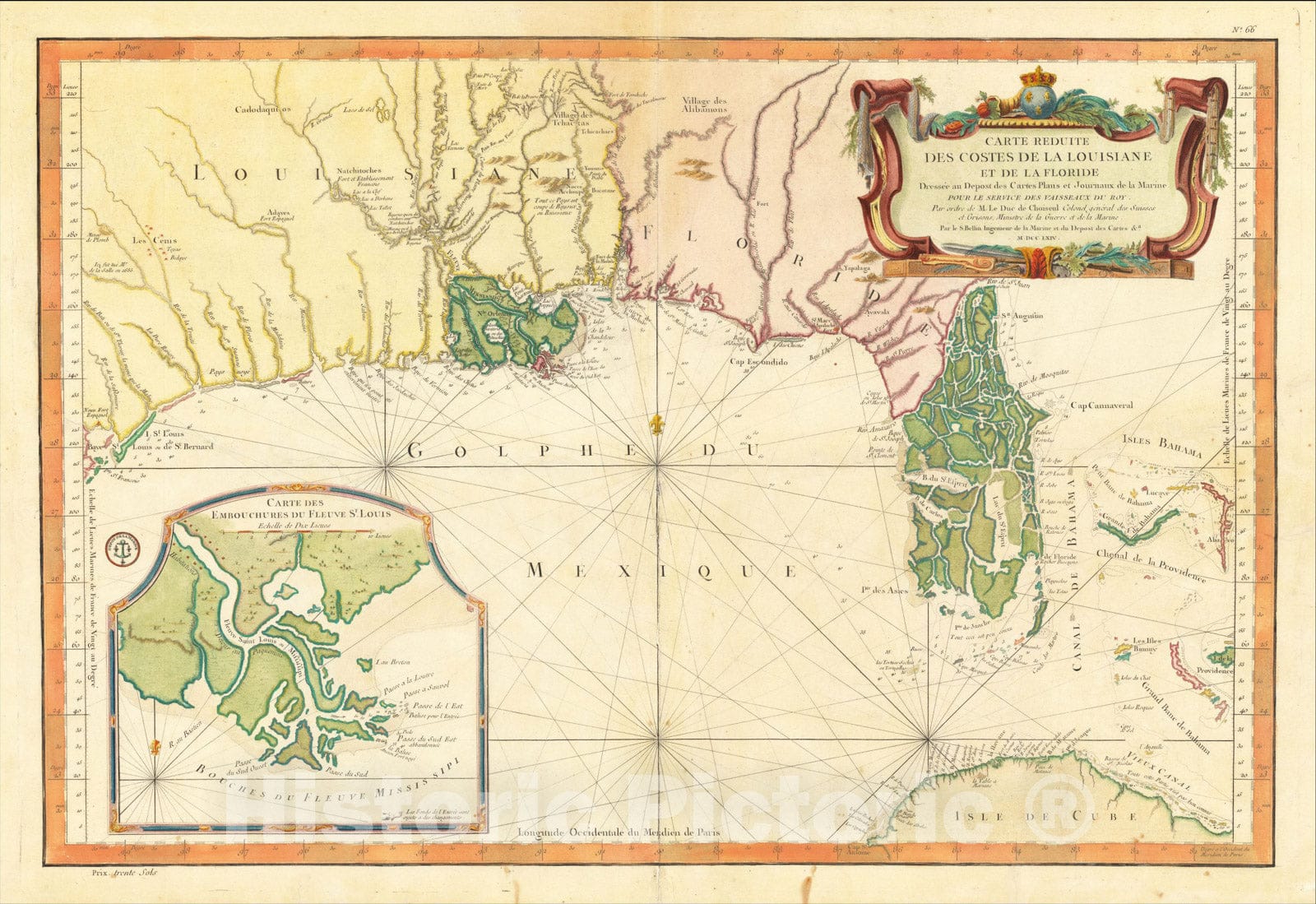 Historic Map : Carte Reduite Des Costes de la Louisiane et de la Floride Dressee au Depost des Cartes Plans et Journaux de la Marine, MDCCLXIV, 1764, Vintage Wall Art