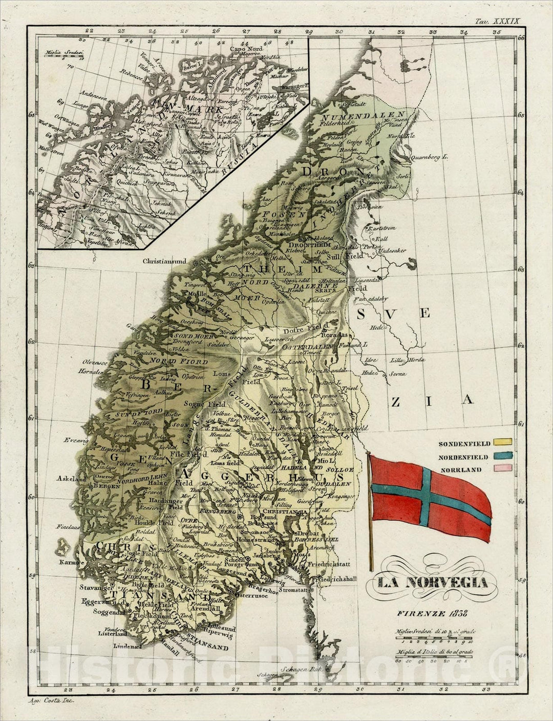 Historic Map : La Norvegia, 1838, 1838, Francesco Costantino Marmocchi, Vintage Wall Art