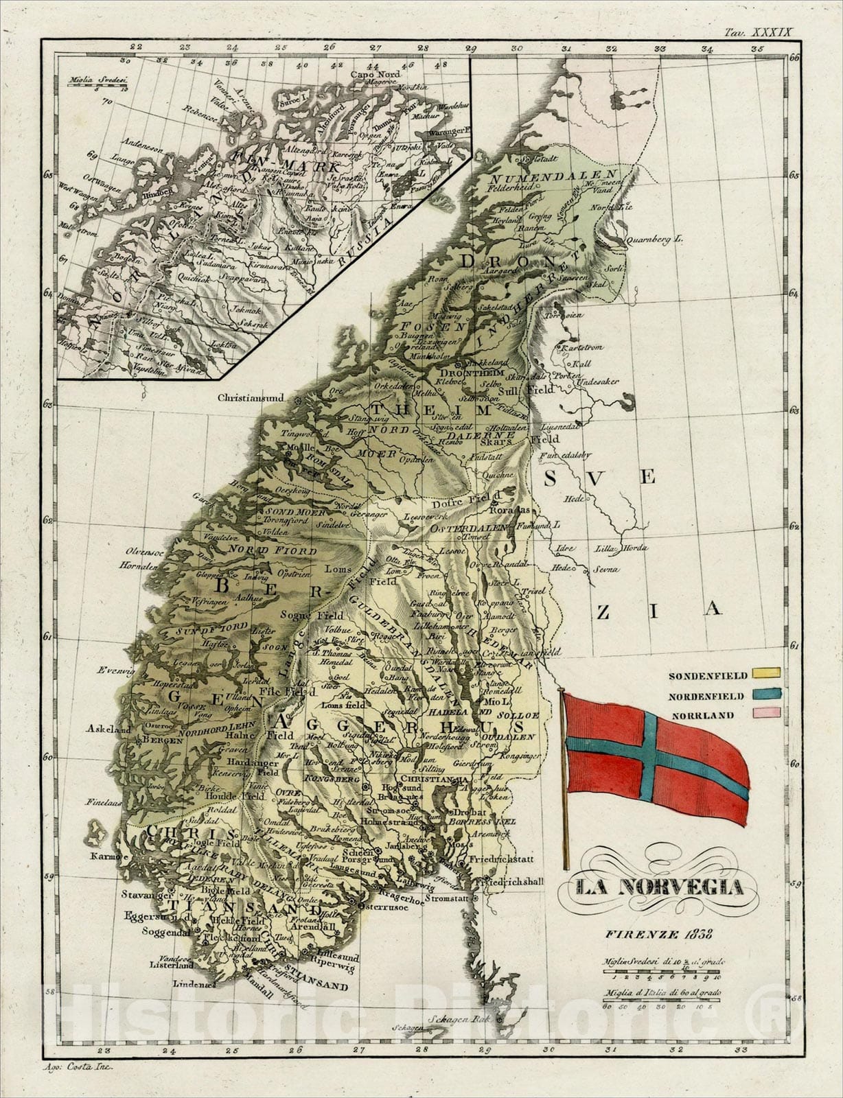 Historic Map : La Norvegia, 1838, 1838, Francesco Costantino Marmocchi, Vintage Wall Art