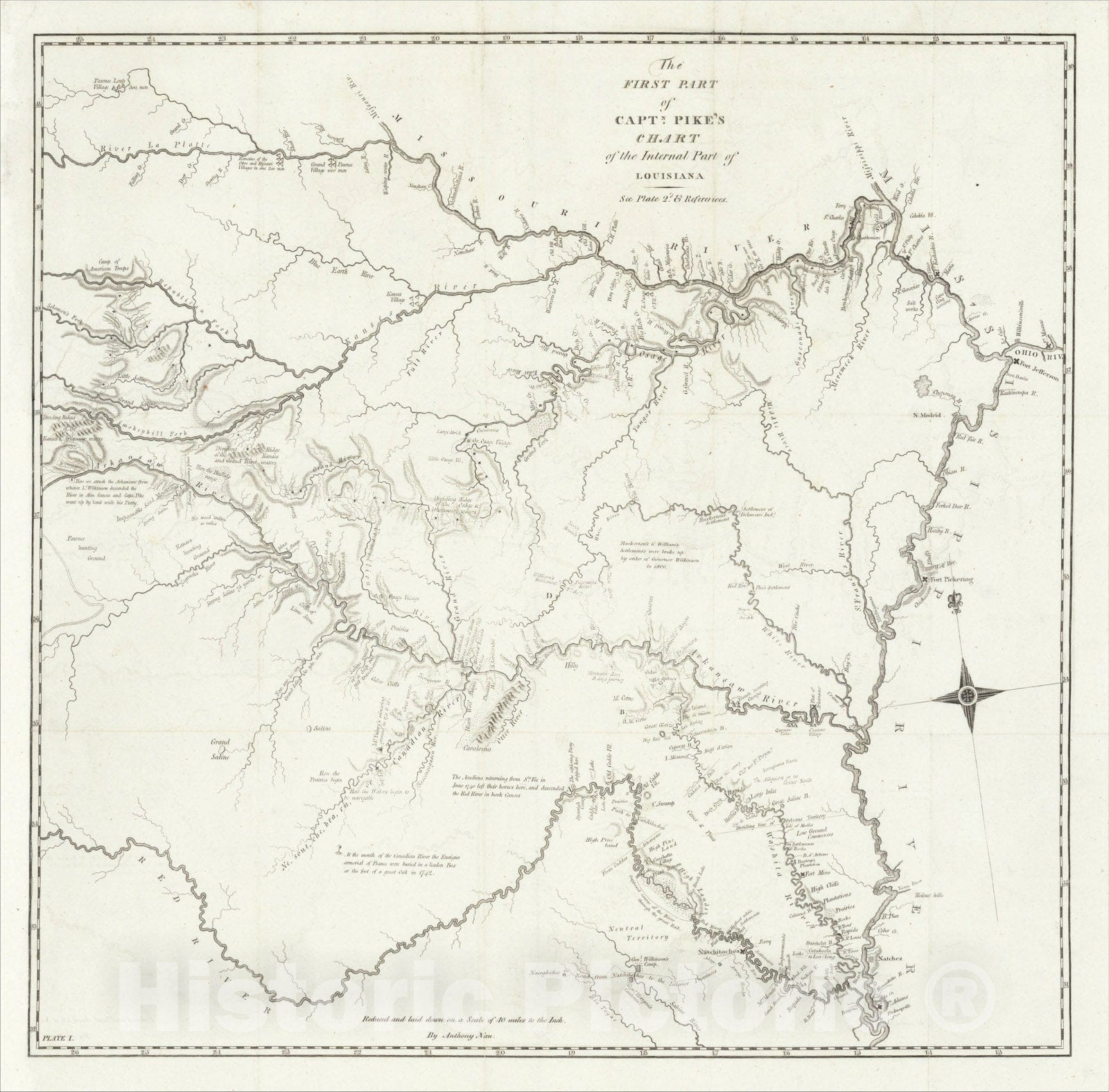 Historic Map : The First Part of Captn. Pike's Chart of the Internal Part of Louisiana, 1810, Zebulon Montgomery Pike, Vintage Wall Art