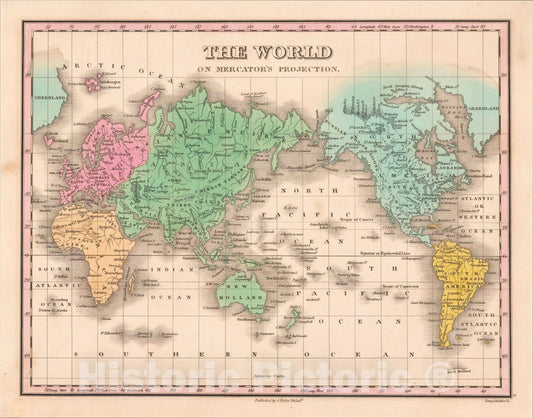 Historic Map : The World on Mercators Projection, 1826, Anthony Finley, Vintage Wall Art