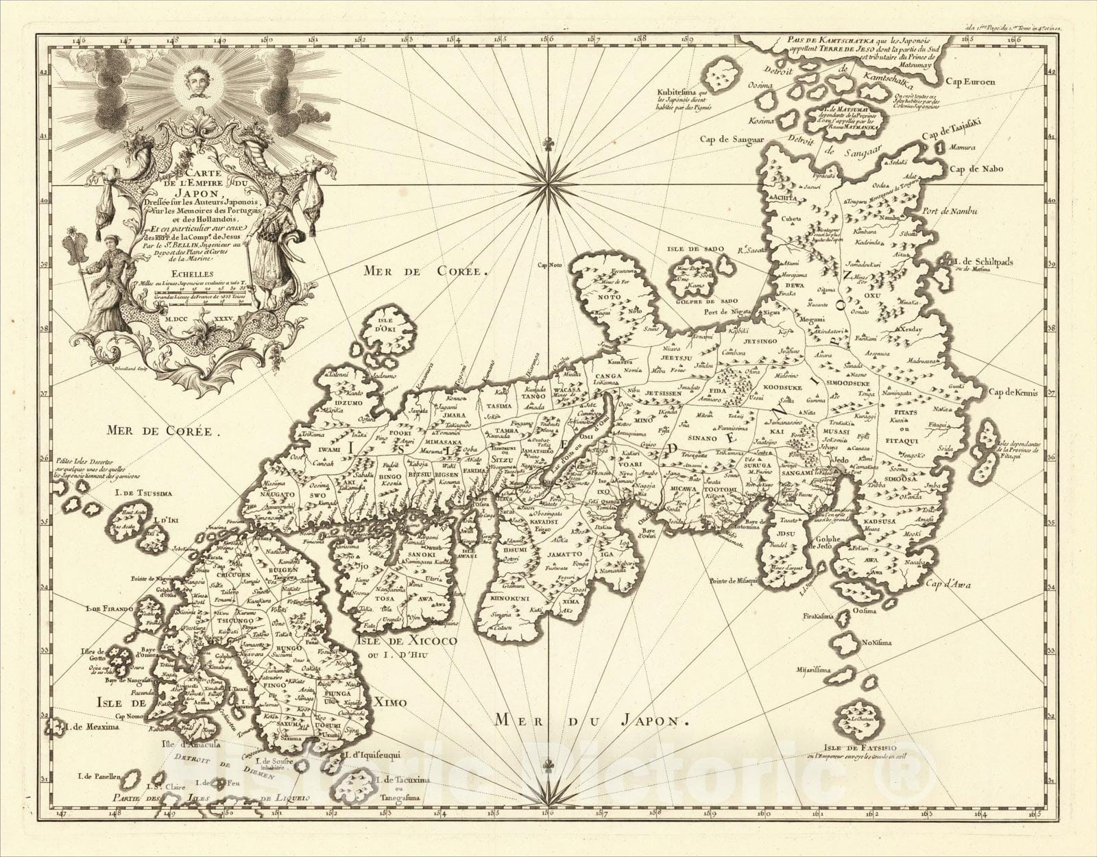 Historic Map : Carte de l'Empire du Japon, Dressee sur les Auteurs Japonois, sur les Memoires des Portugais et des Hollandois, 1735, Jacques Nicolas Bellin, Vintage Wall Art