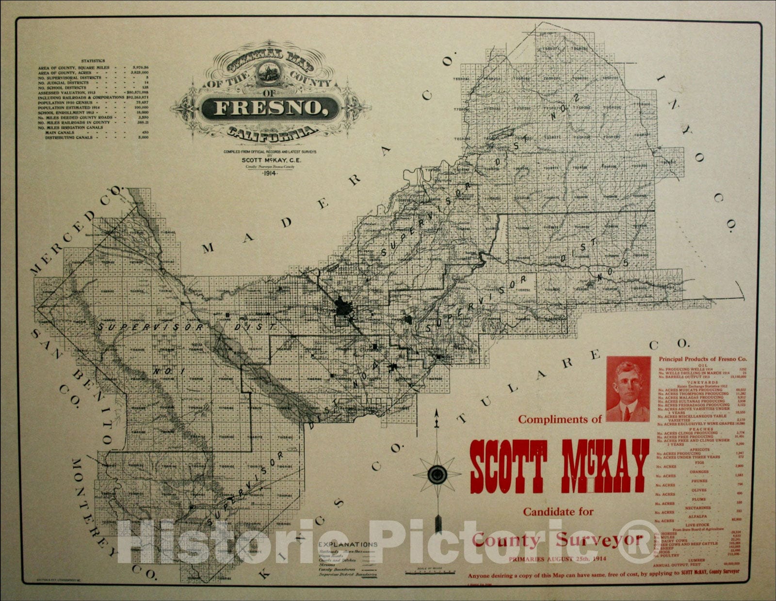 Historic Map : Official Map of the County of Fresno, California, 1914, Britton & Rey, Vintage Wall Art