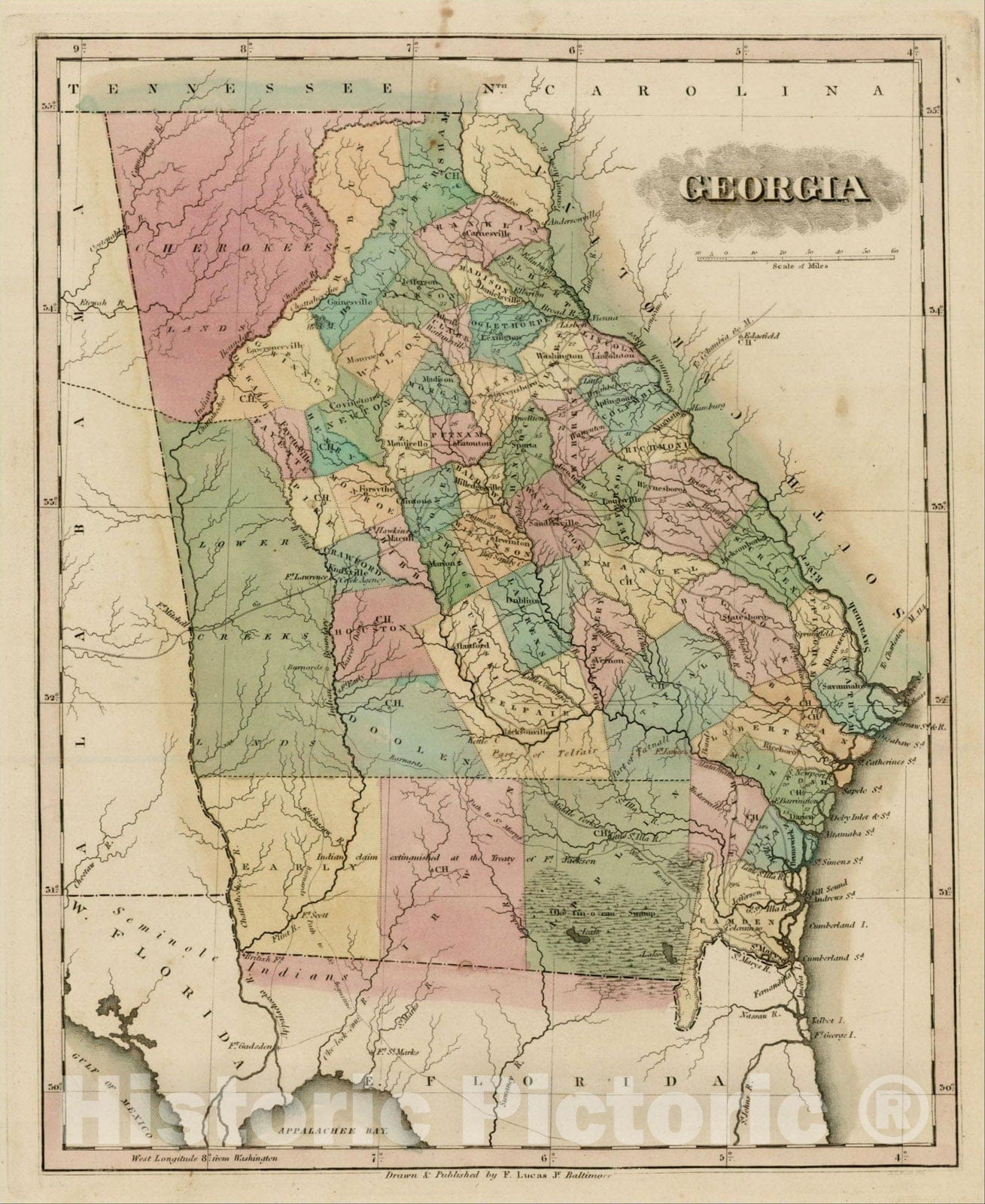 Historic Map : Georgia, 1822, Fielding Lucas Jr., Vintage Wall Art