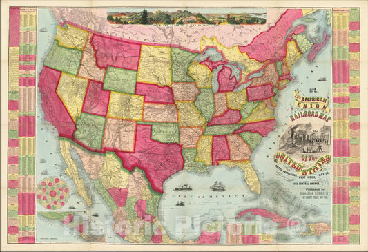 Historic Map : The American Union Railroad Map of the United States, British Possessions, West Indies, Mexico and Central America., Stuttgart , Vintage Wall Art