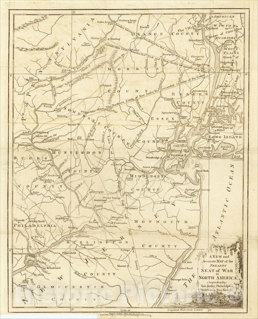 Historic Map : A New and Accurate Map of the Present Seat of War in North America, 1777, Universal Magazine, Vintage Wall Art