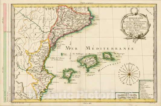 Historic Map : Chorographie du Royaume de Valence, de la Catalogne et des Isles Maillorques: dirigee par Mr. PHilippe, .1773, 1770, Maurille Antoine Moithey, Vintage Wall Art