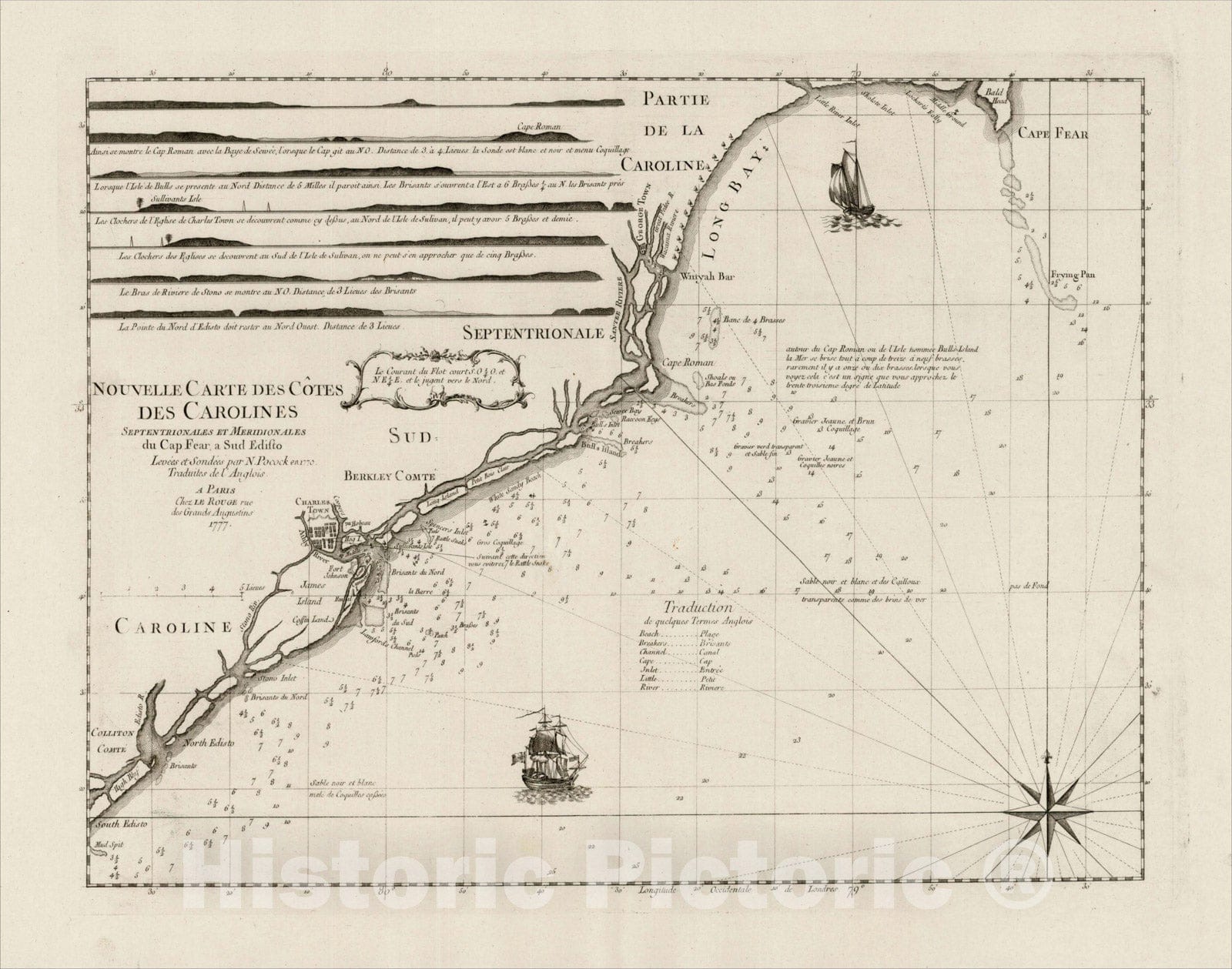 Historic Map : Nouvelle Carte Des Cotes Des Carolines Septentrionales Et Meridionales du Cap Fear, 1777, , Vintage Wall Art