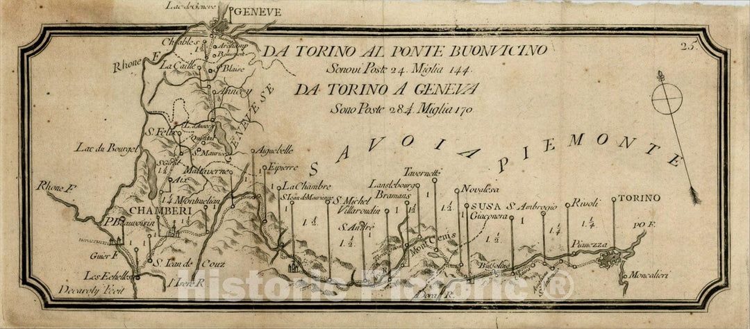 Historic Map : Da Torino Al Ponte Buonvicino Snovi Poste 24. Miglia 144. Da Torino A Geneva Sono Pte 28 1/4 Miglia 170, c1780, Francesco De Caroly, Vintage Wall Art