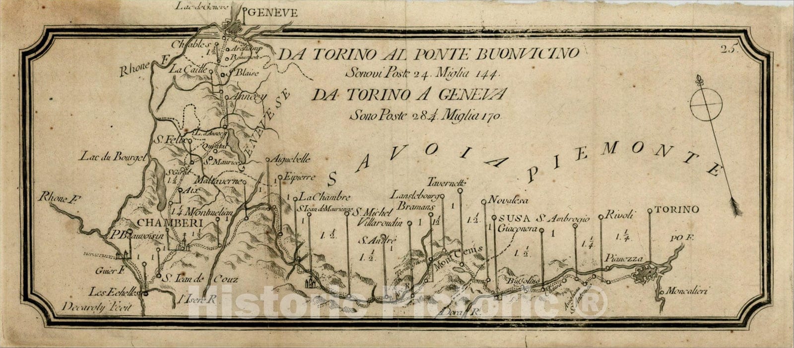 Historic Map : Da Torino Al Ponte Buonvicino Snovi Poste 24. Miglia 144. Da Torino A Geneva Sono Pte 28 1/4 Miglia 170, c1780, Francesco De Caroly, Vintage Wall Art