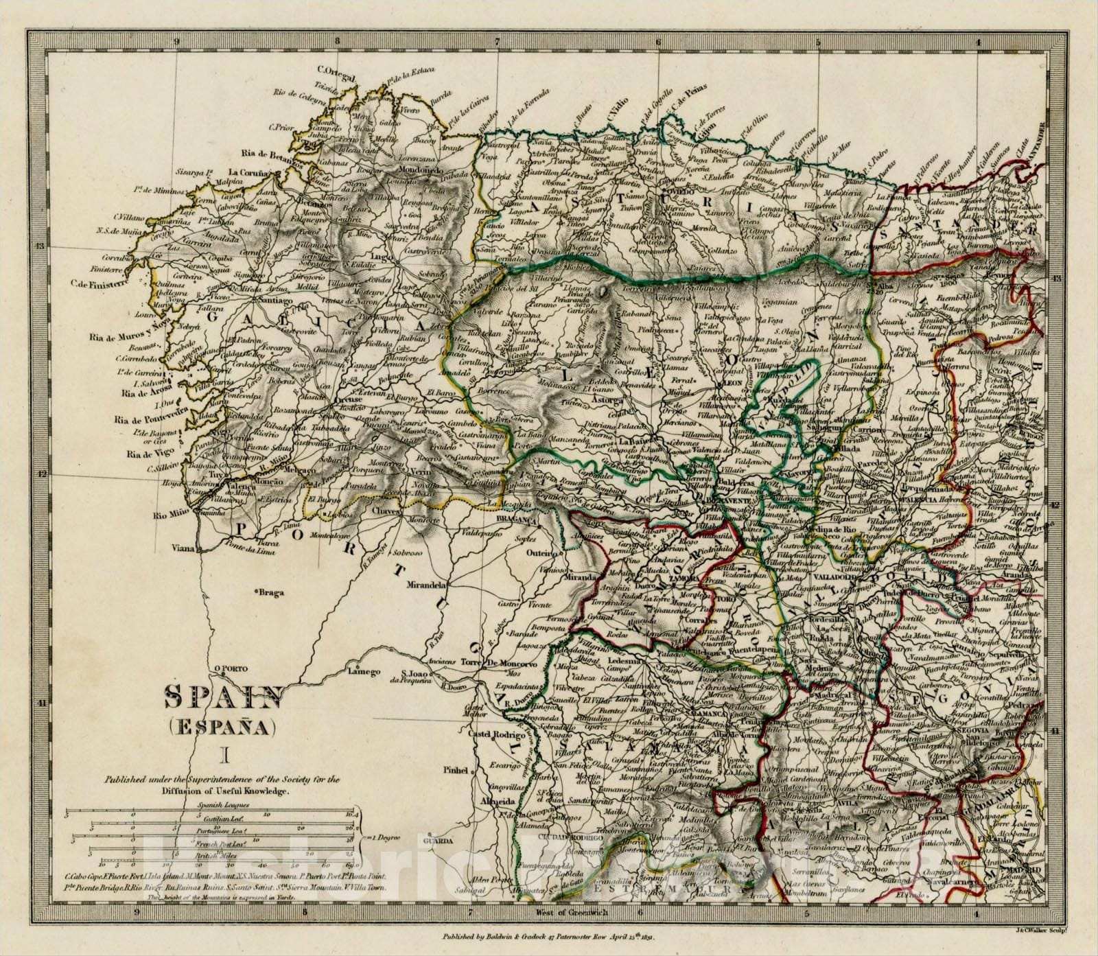Historic Map : Spain (Espa?) 1 (Northwestern Spain), 1831, SDUK, Vintage Wall Art
