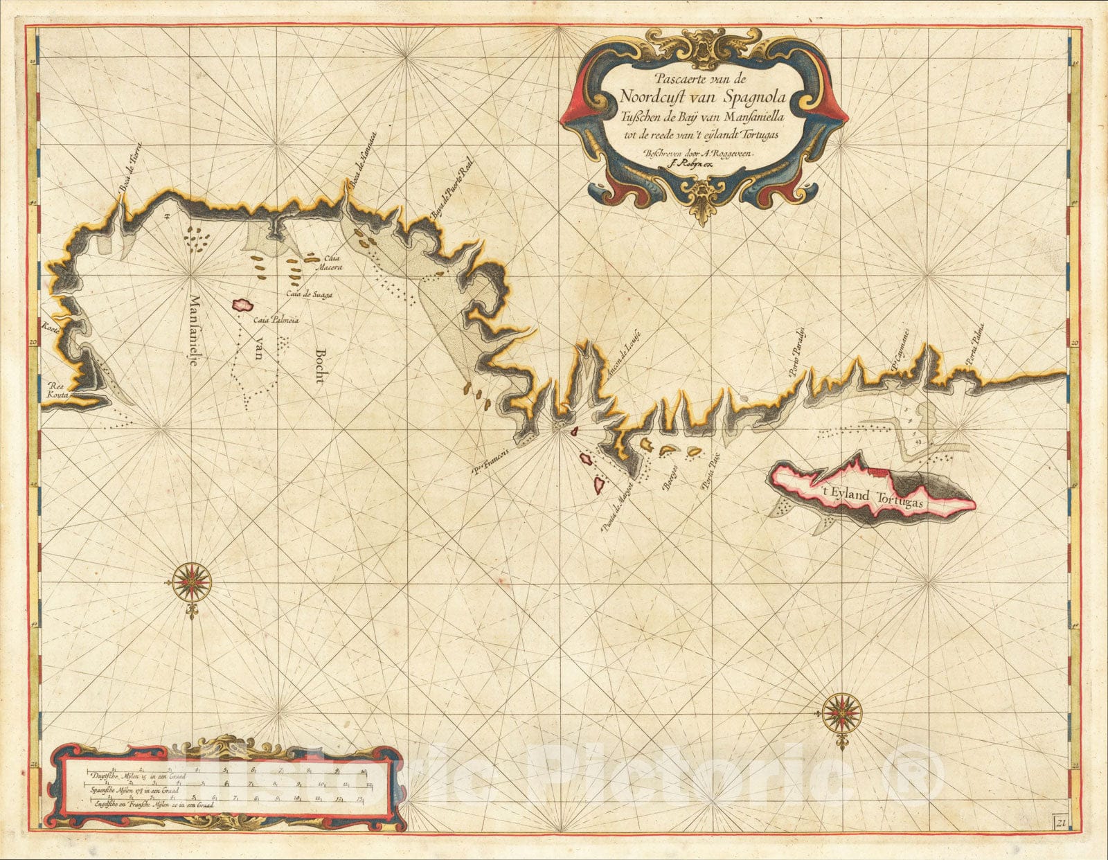 Historic Map : Pascaerte van de Noordcust van Spagnola Tusschen de Baij van Mansaniella, c1680, Arent Roggeveen, Vintage Wall Art