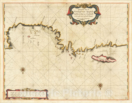 Historic Map : Pascaerte van de Noordcust van Spagnola Tusschen de Baij van Mansaniella, c1680, Arent Roggeveen, Vintage Wall Art
