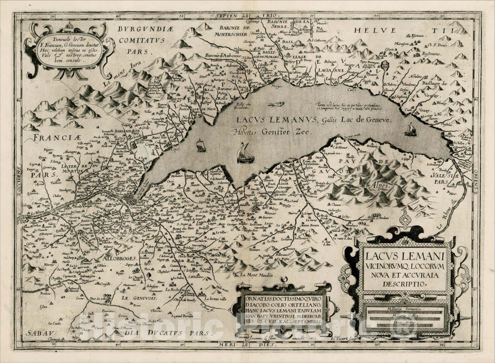 Historic Map : Lacus Lemani Vicinorumq. Locorum Nova et Accuraia Descriptio, 1619, Jean Le Clerc, Vintage Wall Art