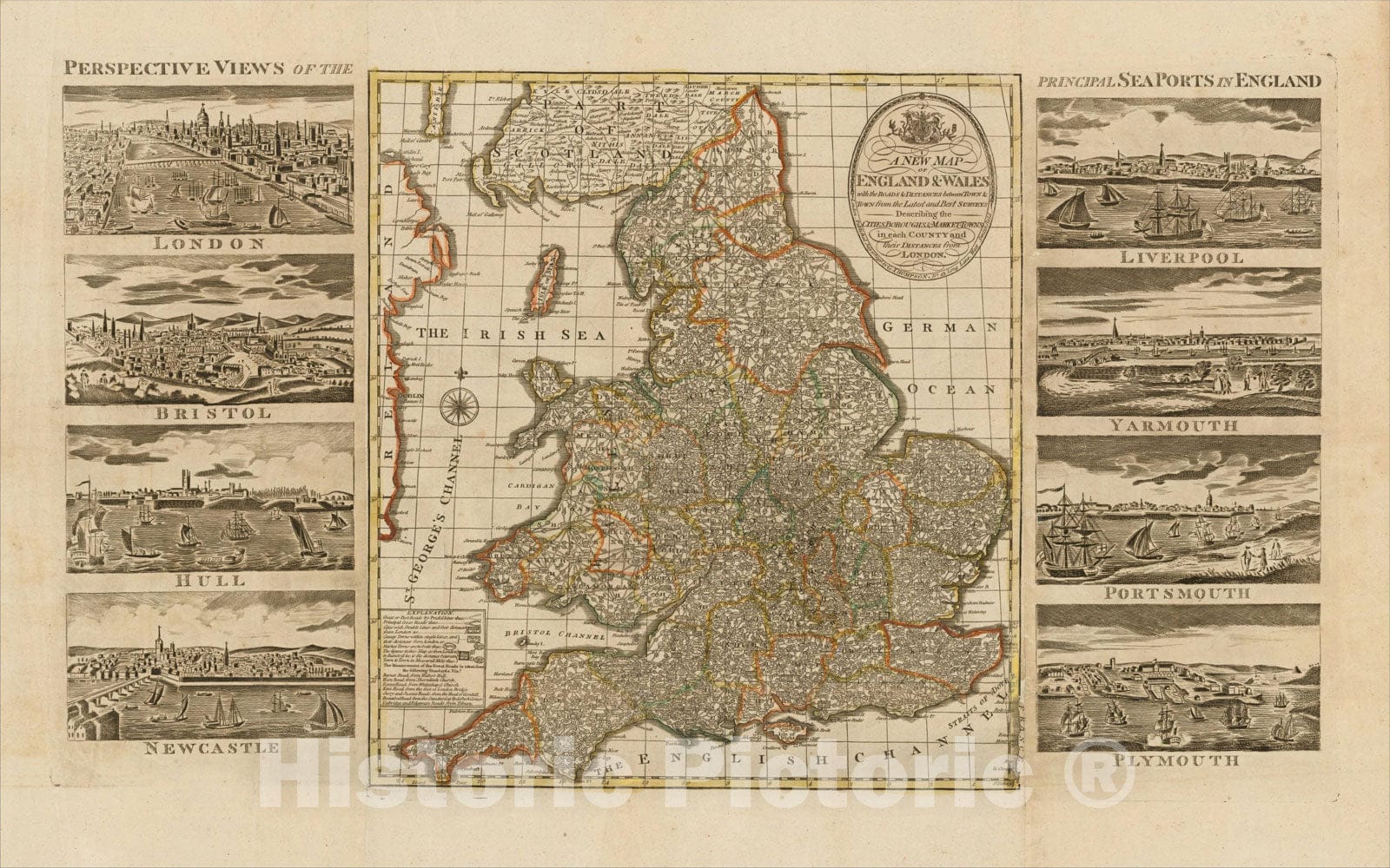 Historic Map : A New Map of England & Wales with the Roads & Distances between Towns, 1798, George Thompson, Vintage Wall Art