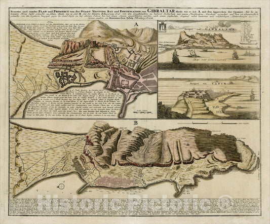 Historic Map : Neuester und exacter Plan und Prospect von der Stadt Vestung Bay [with view of Cadiz], 1733, Homann Heirs, v1, Vintage Wall Art