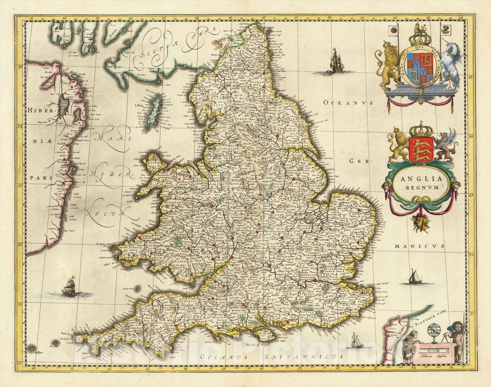 Historic Map : Anglia Regnum, c1635, Willem Janszoon Blaeu, Vintage Wall Art