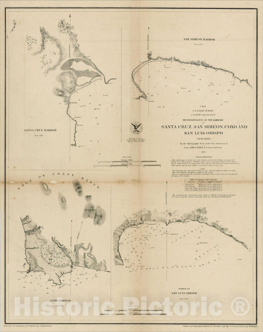 Historic Map : Santa Cruz Harbor [and] San Simeon Harbor [and] Coxo Harbor [and] Harbor of San Luis Obispo, 1852, United States Coast Survey, v1, Vintage Wall Art