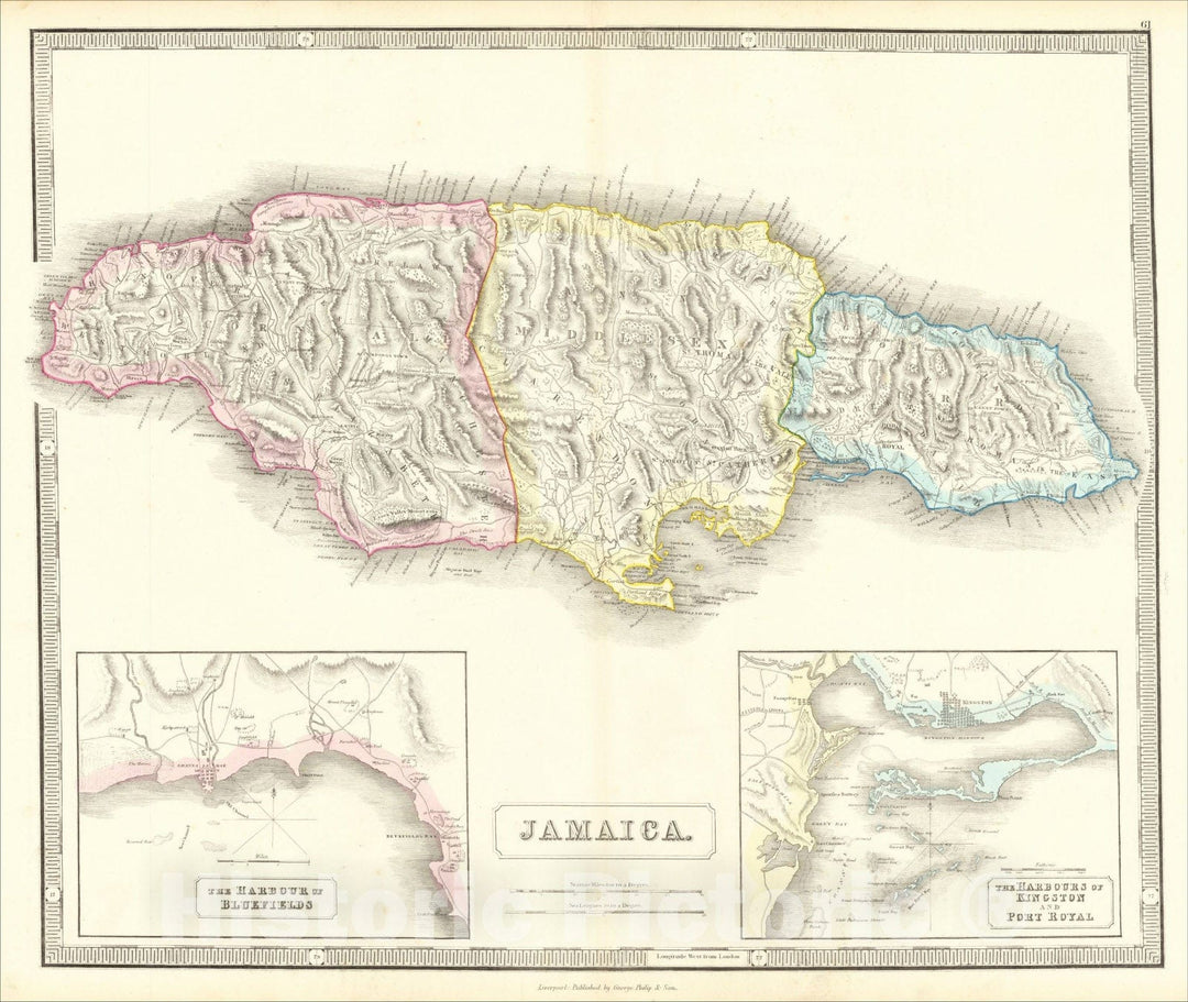 Historic Map : Jamaica (with insets of Kingston and Port Royal Harbors and Bluefields), 1854, George Philip & Son, Vintage Wall Art